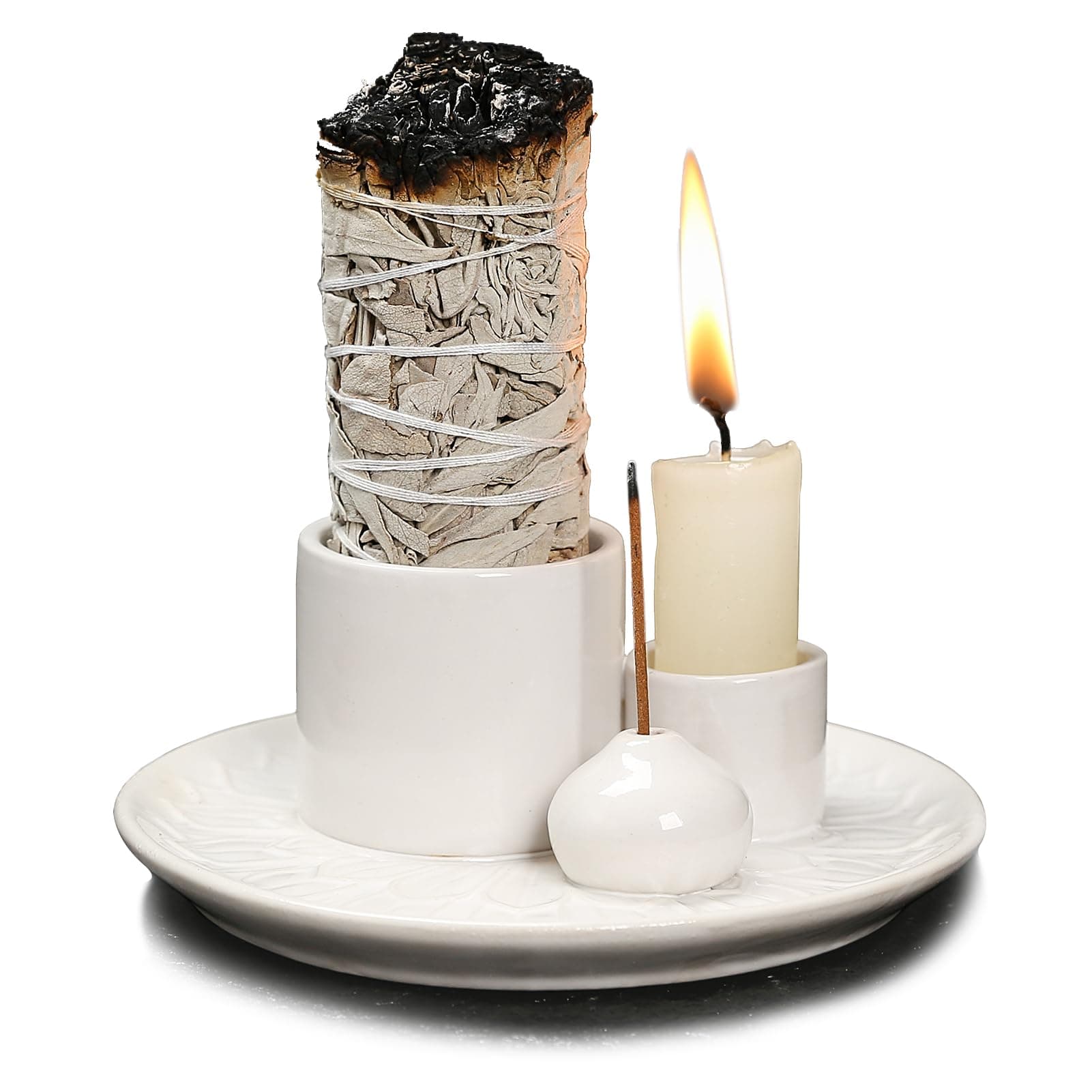 4 in 1 Multifunctional Ceramic Incense and Candle Holder with Ash Catcher Tray Suit for Burning White Sage, Palo Santo Sticks (White)