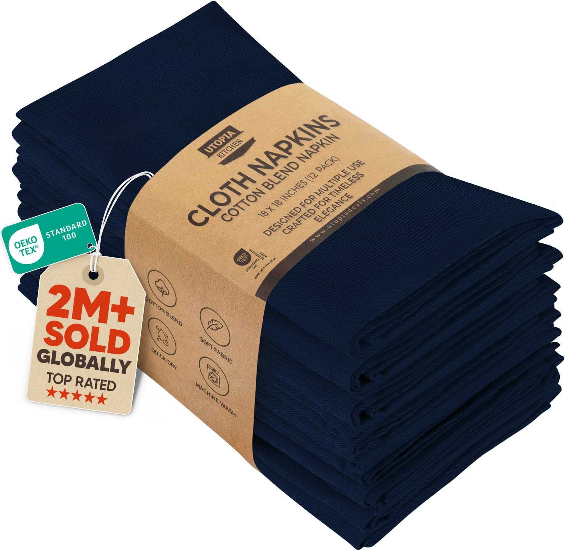 Utopia 12 Premium Cloth Napkins, 60% Cotton 40% Polyester, Soft and Durable, Expertly Tailored Edges, Generous Size (18" x 18"), Ideal for Events or Regular Home Use (Navy)