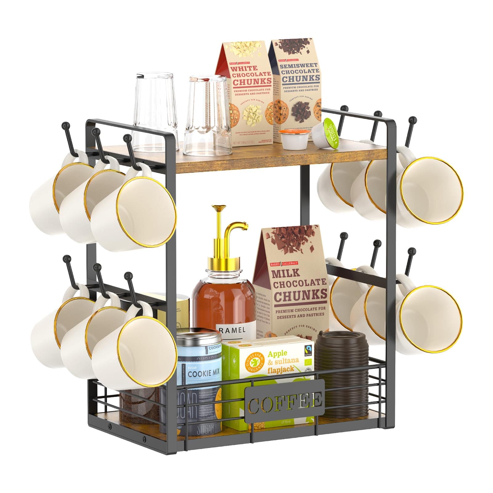 EsLuker.ly Coffee Mug Cup Holder Tree Bar Station Organizer for Countertop, Multi-Functional 2 Tier Mug Stand Rack for Kitchen, Storage Shelf with 12 Hooks, Vintage Brown-Black(Patented Design)