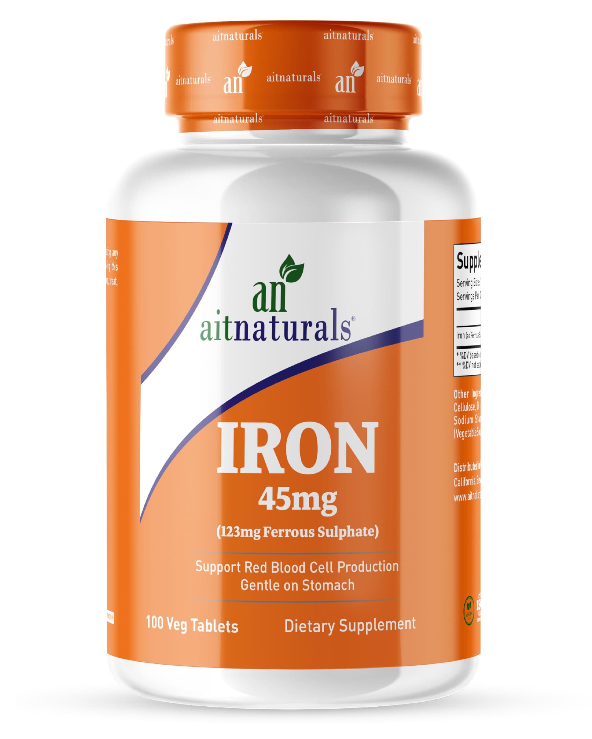 Iron - 45mg (100 Tablets)| High potency Ferrous Sulphate for Red Blood Cell Production, Active Brain Function, Prevent Iron Deficiency| Enhance Muscle growth& Regulate Body Temperature