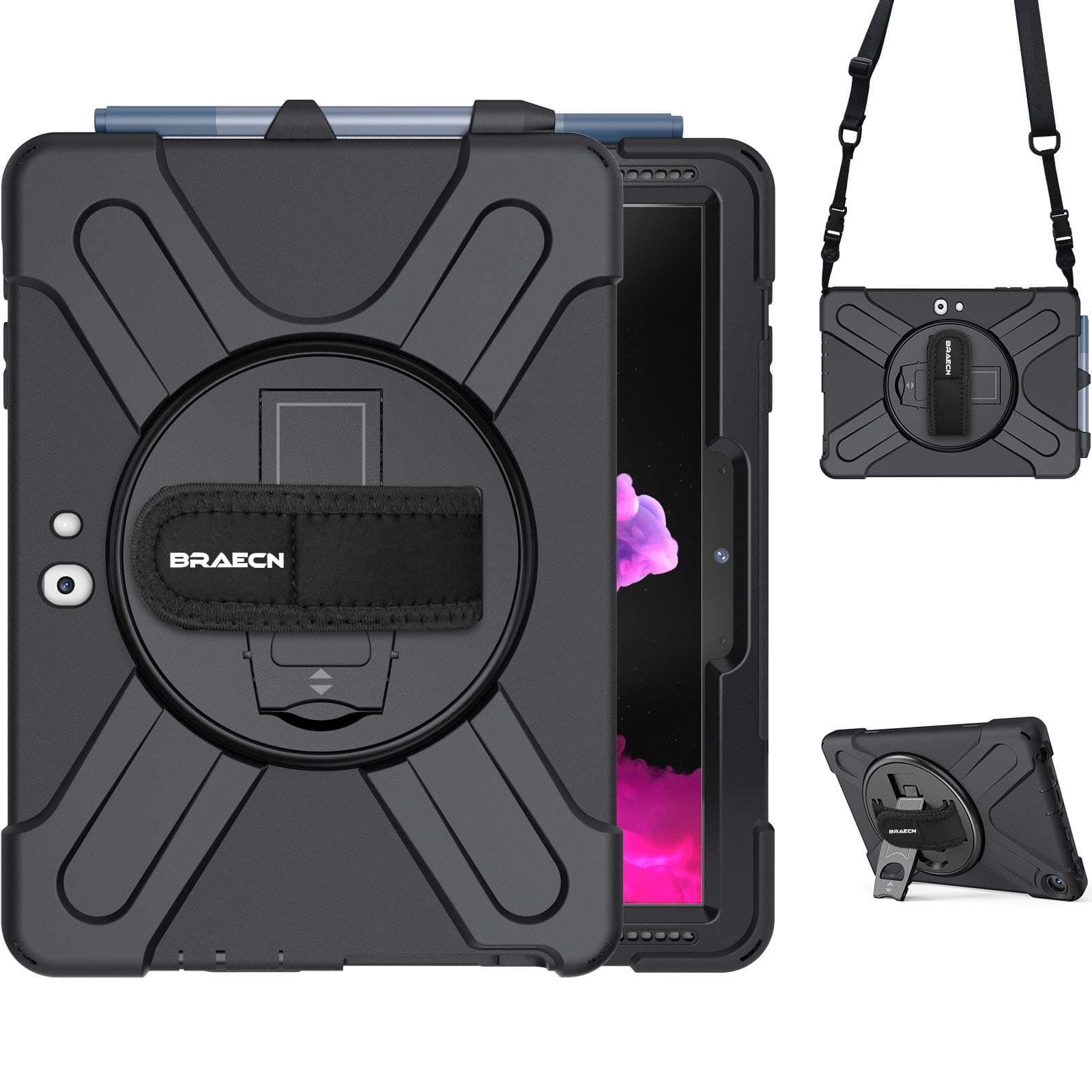 Case for Microsoft Surface Go 4/3/2/1 10.5 Inch, Heavy Duty Shockproof with 360° Rotating Hand Strap & Kickstand/Shoulder Strap/Pencil Holder - Black