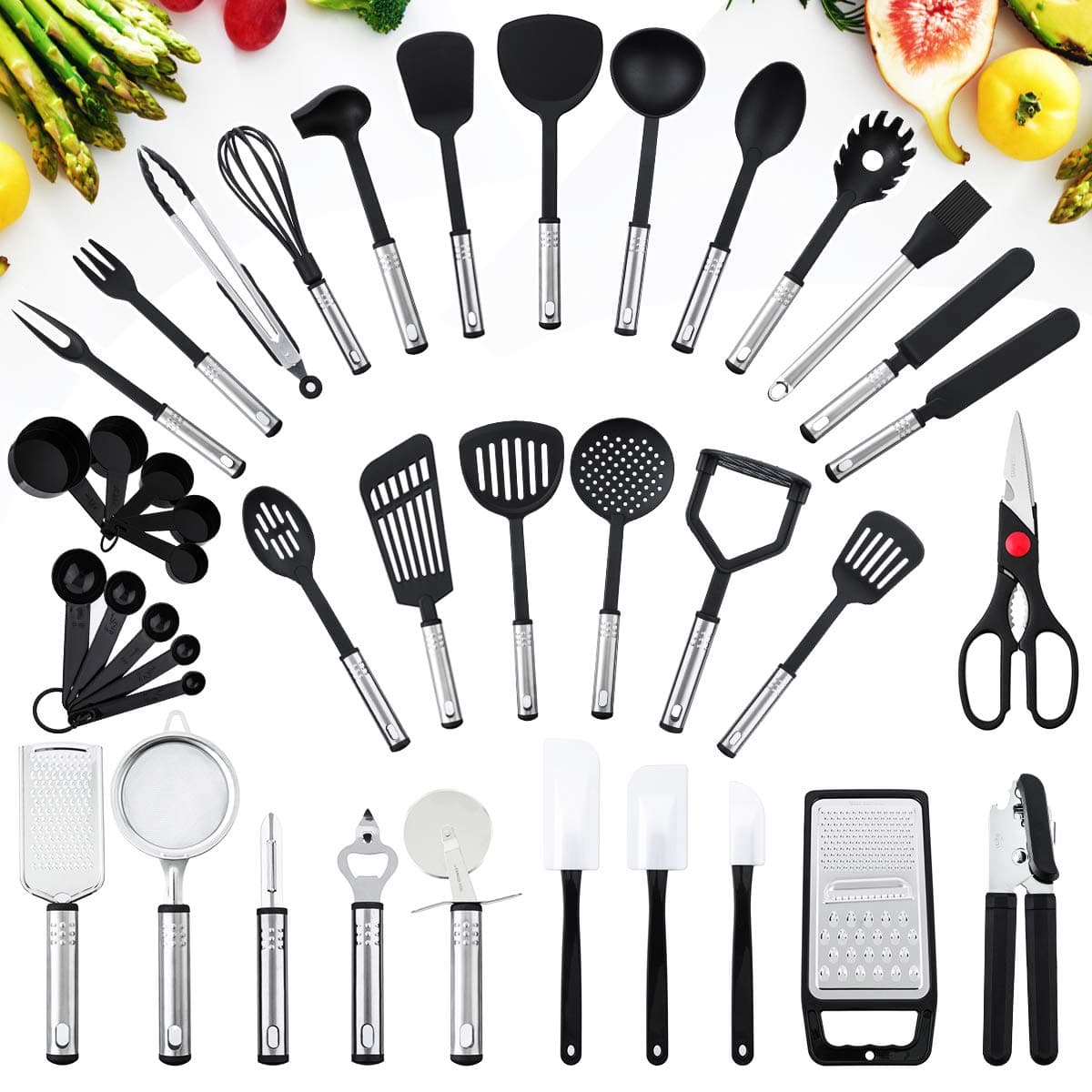 Kitchen Utensils Set, 40 Piece Nylon Kitchen Cooking Utensils Cookware Set with Stainless Steel Non-Stick and Heat Resistant Cookware Chef Kitchen Gadget Tools Collection, Best Gift