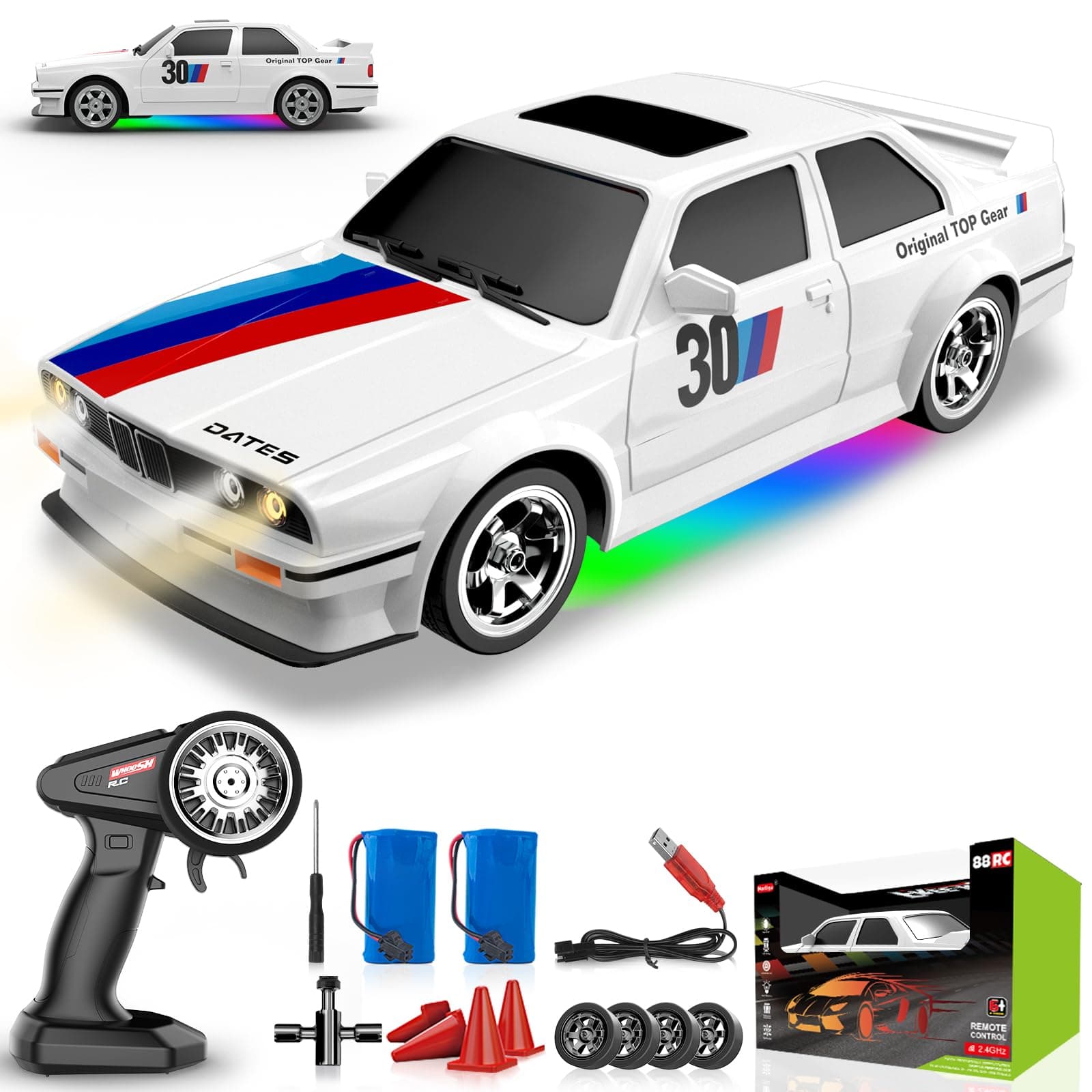 Remote Control Cars 1:16 Scale RC Drift Car 2.4Ghz 30KM/H High Speed 4WD RTR Racing Car with Drift Tires LED Lights 2PCS Rechargeable Batteries RC Sport Cars Toys for Adults Boys Girls Kids Gift