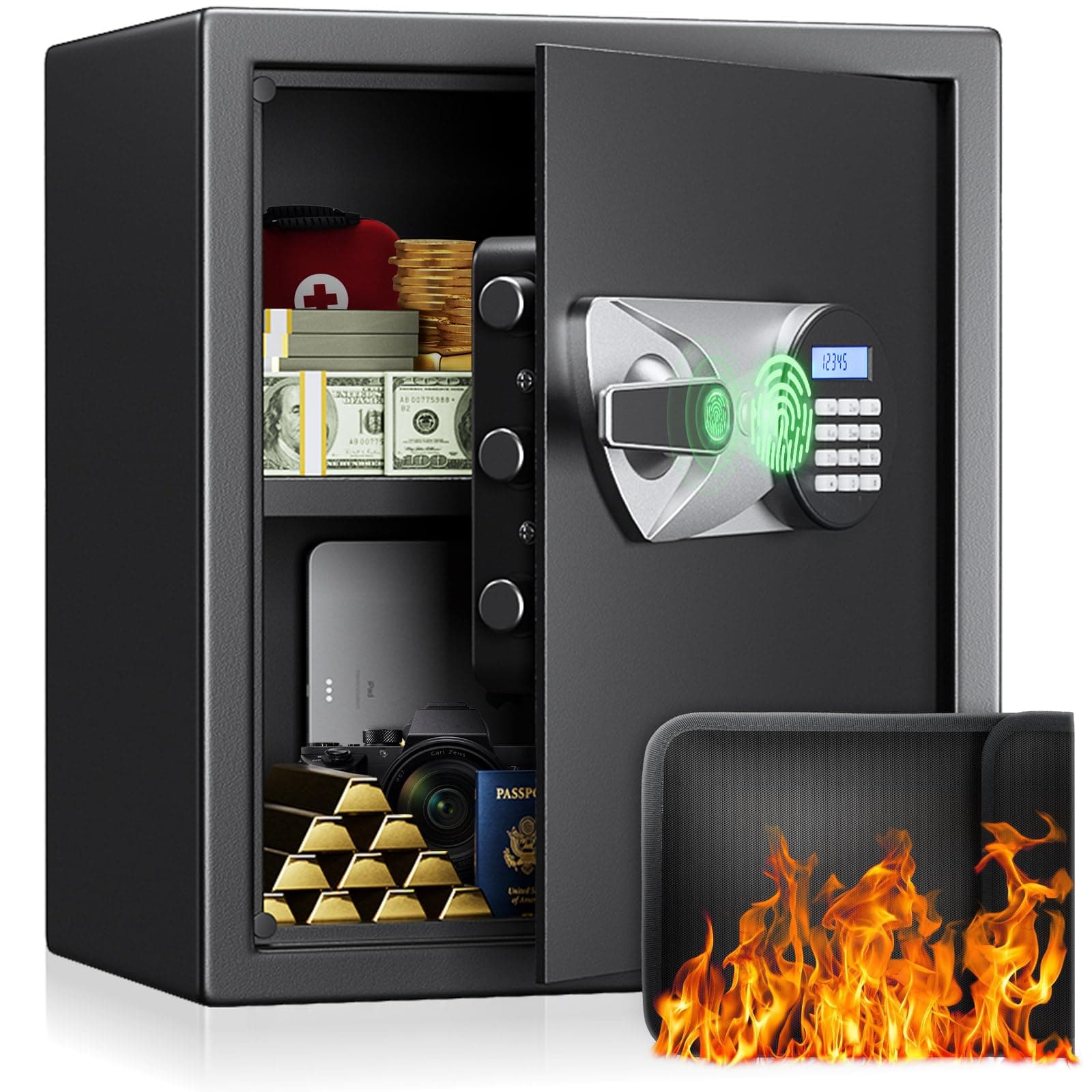 BlackSmith Biometric Safe Box 1.5 Cub Home Security Safe Fingerprint Recognition Money Safe with Keys Keypad Lock Box Secure Jewelry Valuables with Dual Alarm System Fireproof Bag, Black