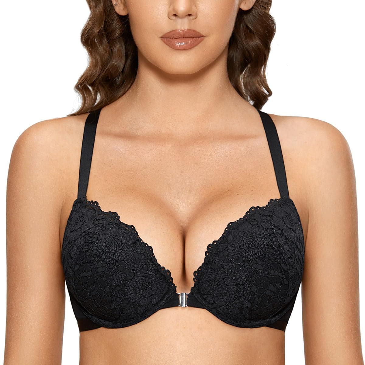 Women's Push Up Bra Support Racer Back Front Fastening Lace Padded Plunge Underwired Bra