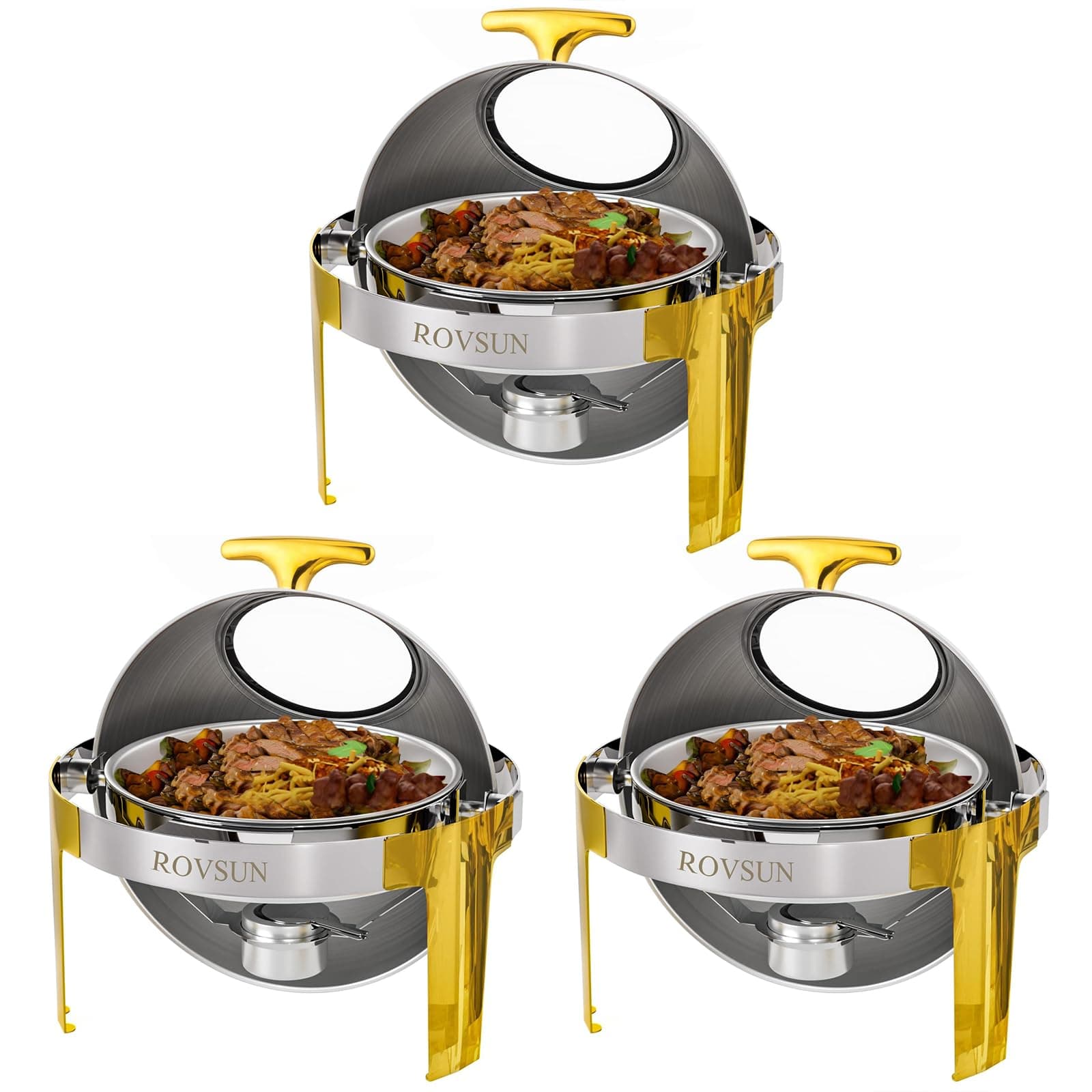 ROVSUN Roll Top Chafing Dishes for Buffet 6QT, Stainless Steel Round Chafing Dish Buffet Set, Buffet Servers and Warmers Set with Glass Window for Weddings Parties Catering Events, Gold