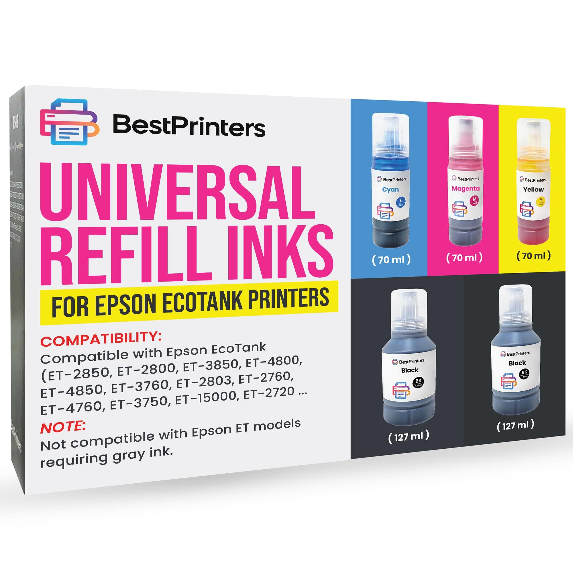 Universal 502 & 522 Inks | 502 Ink Refill Bottles (5 Bottles – 2BK C M Y) Compatible with Ecotank Printer Ink Refill for ET-2850, 2800, 3850, 4800, 4850, 3760, 2803, 2760, 4760 | High Yield