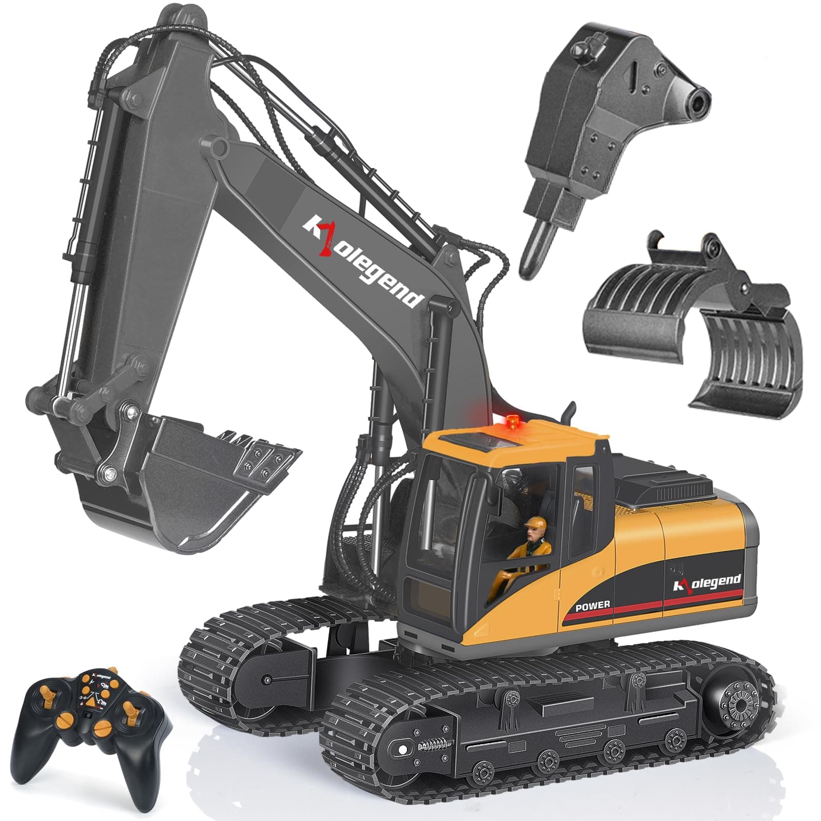 kolegend 3 in 1 Remote Control Excavator Toy 1/14 Scale RC Excavator, 15 Channel Upgrade Full Functional Construction Vehicles with Tools Metal Breaker and Electric Gripper(Yellow/Black)