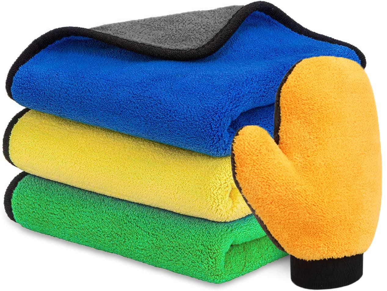 CUUWE 3 Pieces Extra Thick Microfiber Cleaning Cloth and 1 Pieces Double Sided Thick Coral Fleece Gloves,Great Bibulous Performance, Ideal for Car & Home Use, Blue, Yellow and Grey (4Pcs)