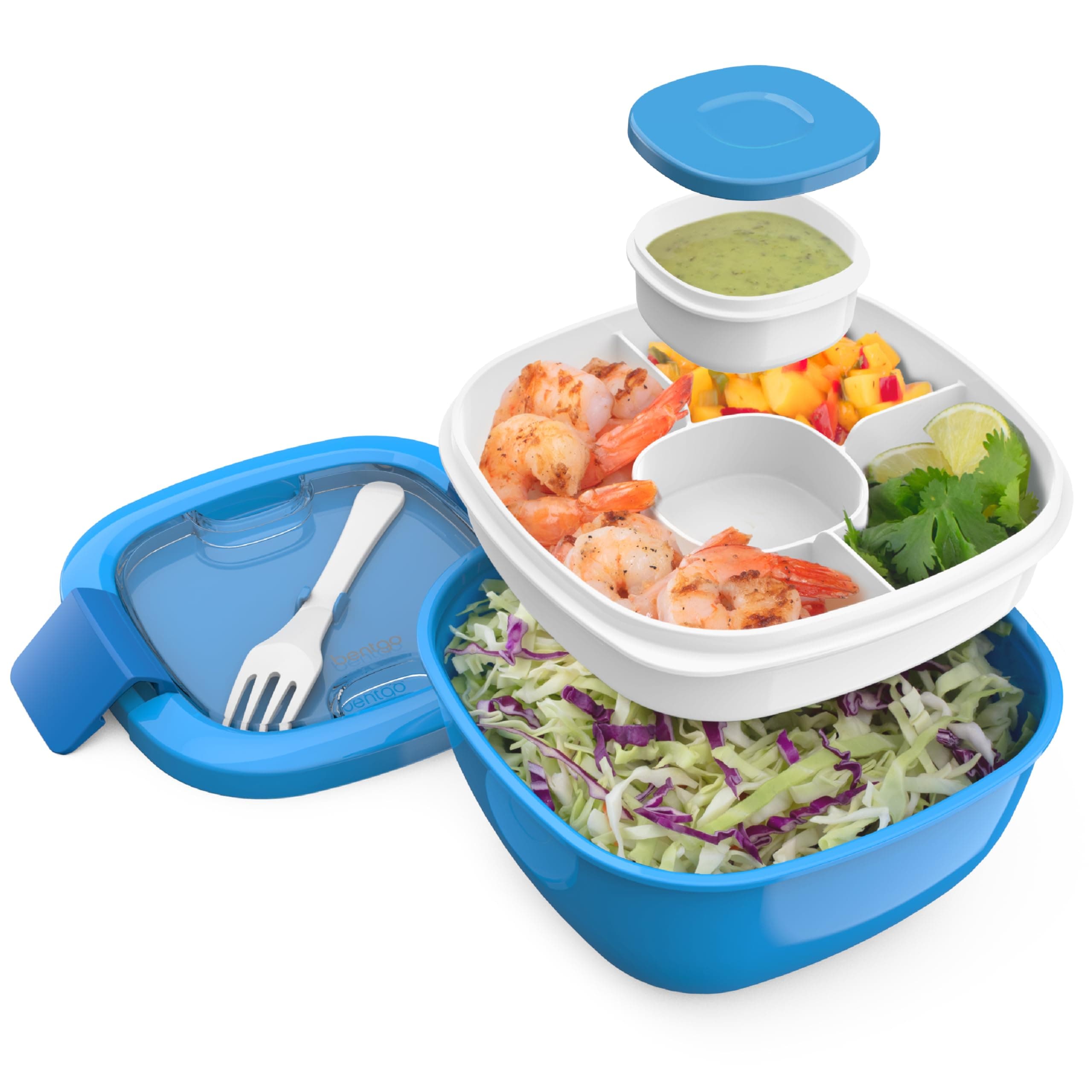 Bentgo Salad Container - 54 oz Bowl with 4-Compartment Toppings Tray, Leak-Proof Dressing Container, Reusable Fork, BPA-Free Lunch Box for Meal Prep & Food Storage; Removable Bento Tray (Blue)