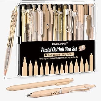 14Pack Pastel Gel Ink Pen Set,Cute Retractable 0.5mm Fine Point Pen,Note Taking Aesthetic Pens,12 Pack Black Ink Pens with 2Pack Highlighter, Smooth Writing Pens for School, Office(Brown)