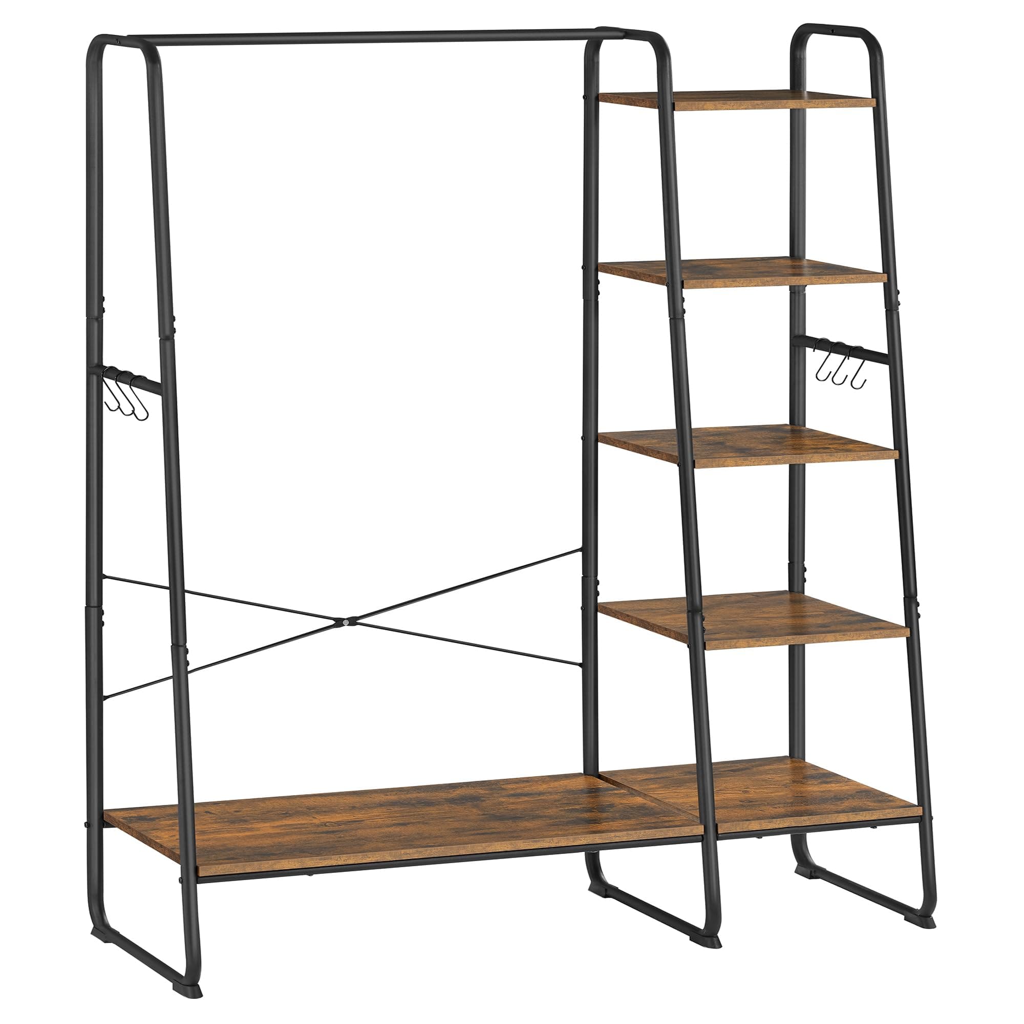VASAGLE Clothes Rail Clothes Rack with Shoe Rack, 5 Tier Storage Rack, 6 Side Hooks, for Bedroom, Living Room, Rustic Brown and Black RGR116B01