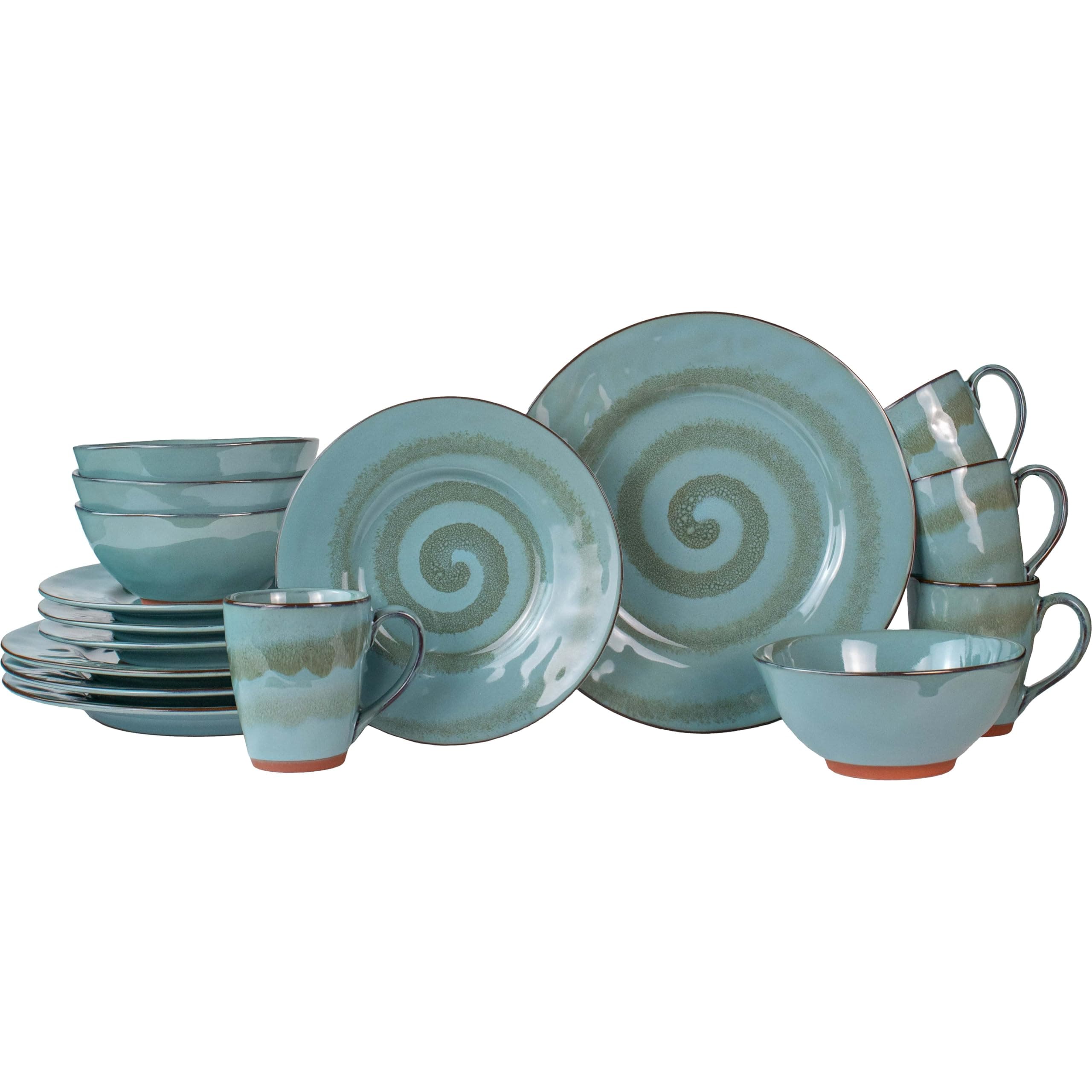 16-Piece Stoneware Dinnerware Set for 4, Glossy Blue & Green Coffee Mugs, Plates and Bowls Sets with Reactive Glaze, Ceramic Dish Set, Elegant Dishes, Microwave & Dishwasher Safe, Toren Denim