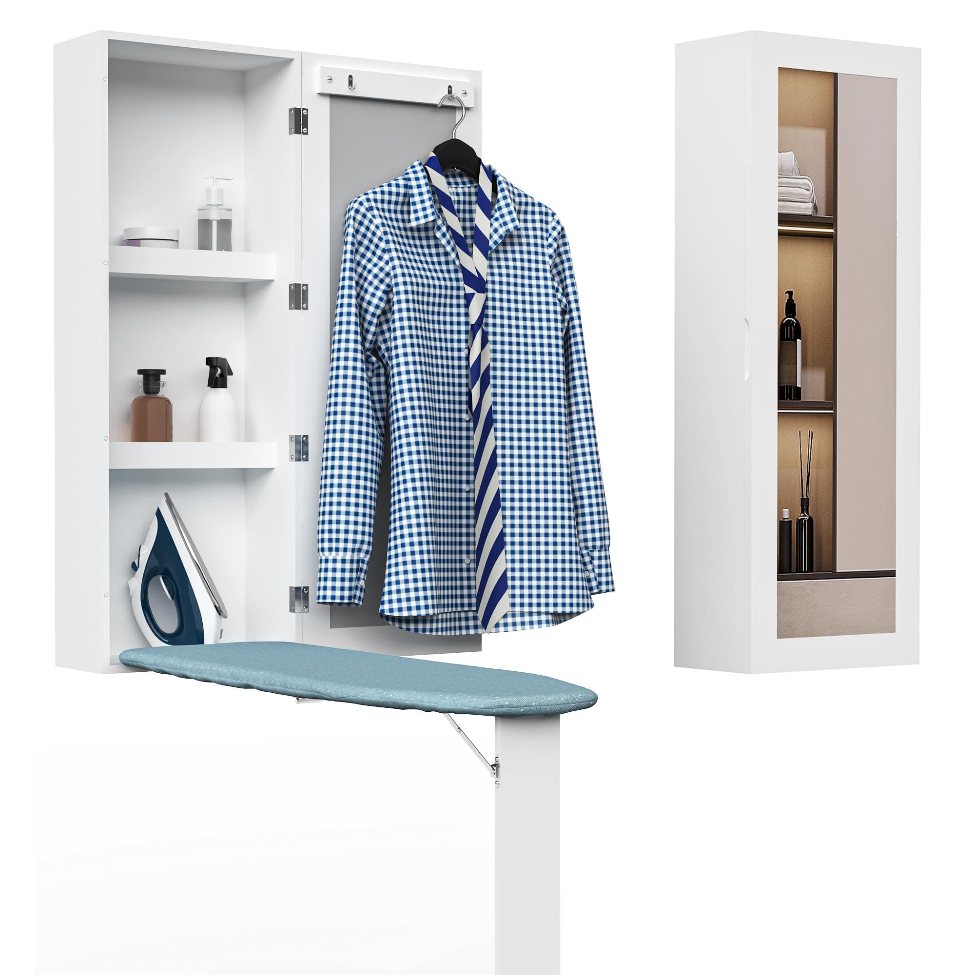 White Wall Mount Ironing Board Center Cabinet with Mirror and Storage Shelves