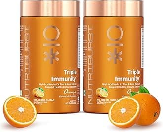 Nutriburst Triple Immunity Gummies with Vitamin C, Zinc and Amla extract | No-Added Sugar | Orange Flavor | 100% Vegetarian | (Pack of 2 X 60 Gummy)