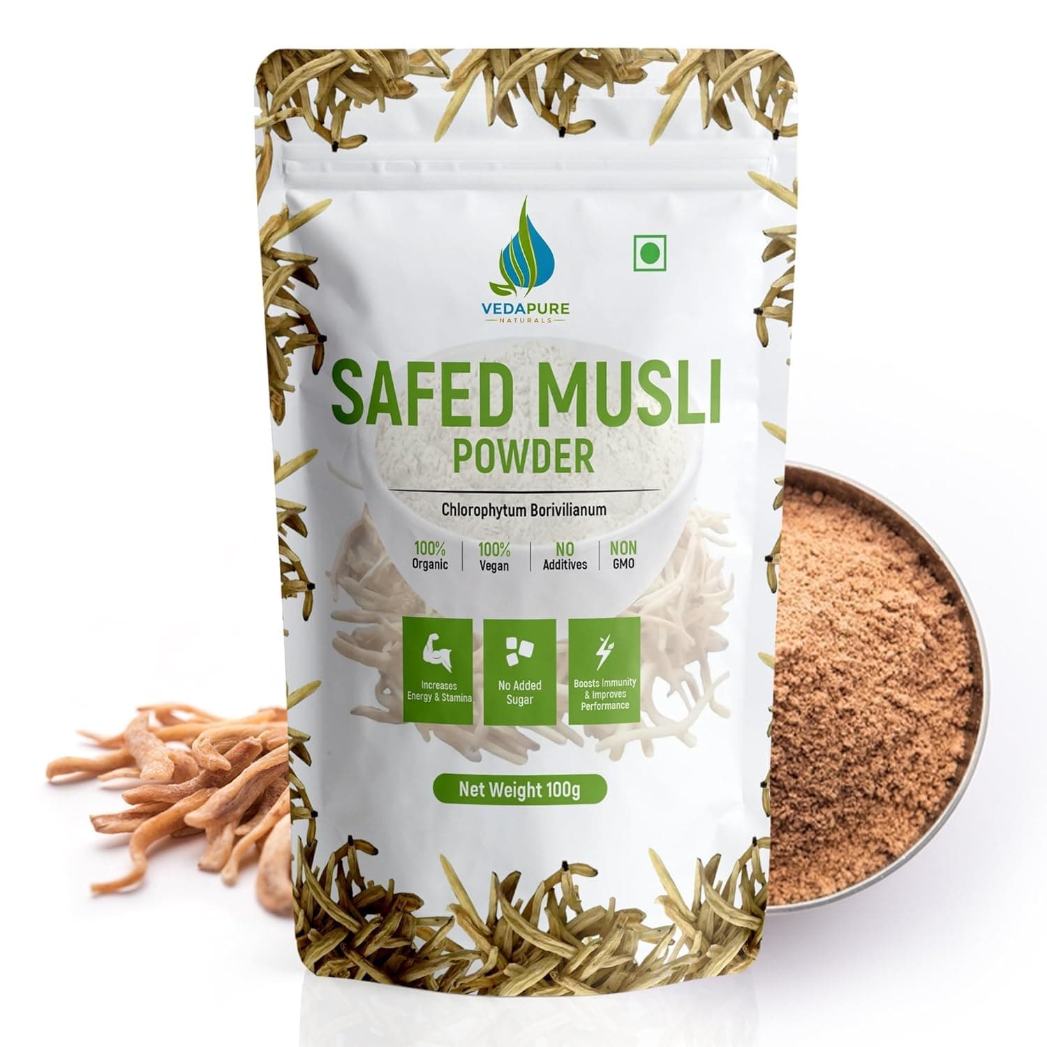 - VEDAPURE Safed Musli Root Powder Organic (100 grams), Contains 1000gm Of Pure Safed Musli Extract, Helps in Improving Stamina, Energy & Bone Strength, Natural, Non-GMO & Preservatives Free