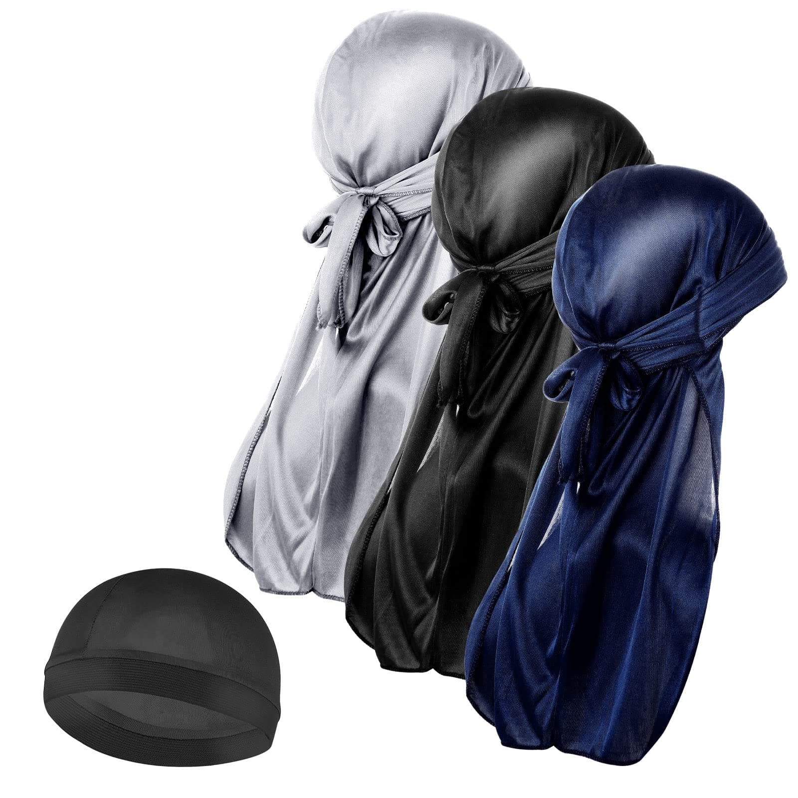 3 Pieces Silk Wave Cap and 1Pcs Silky Durag Caps with Long Tail Headwraps Elastic Durags Soft Breathable Silky Stocking Wave Hair Cap Perfect for 360/720 Waves