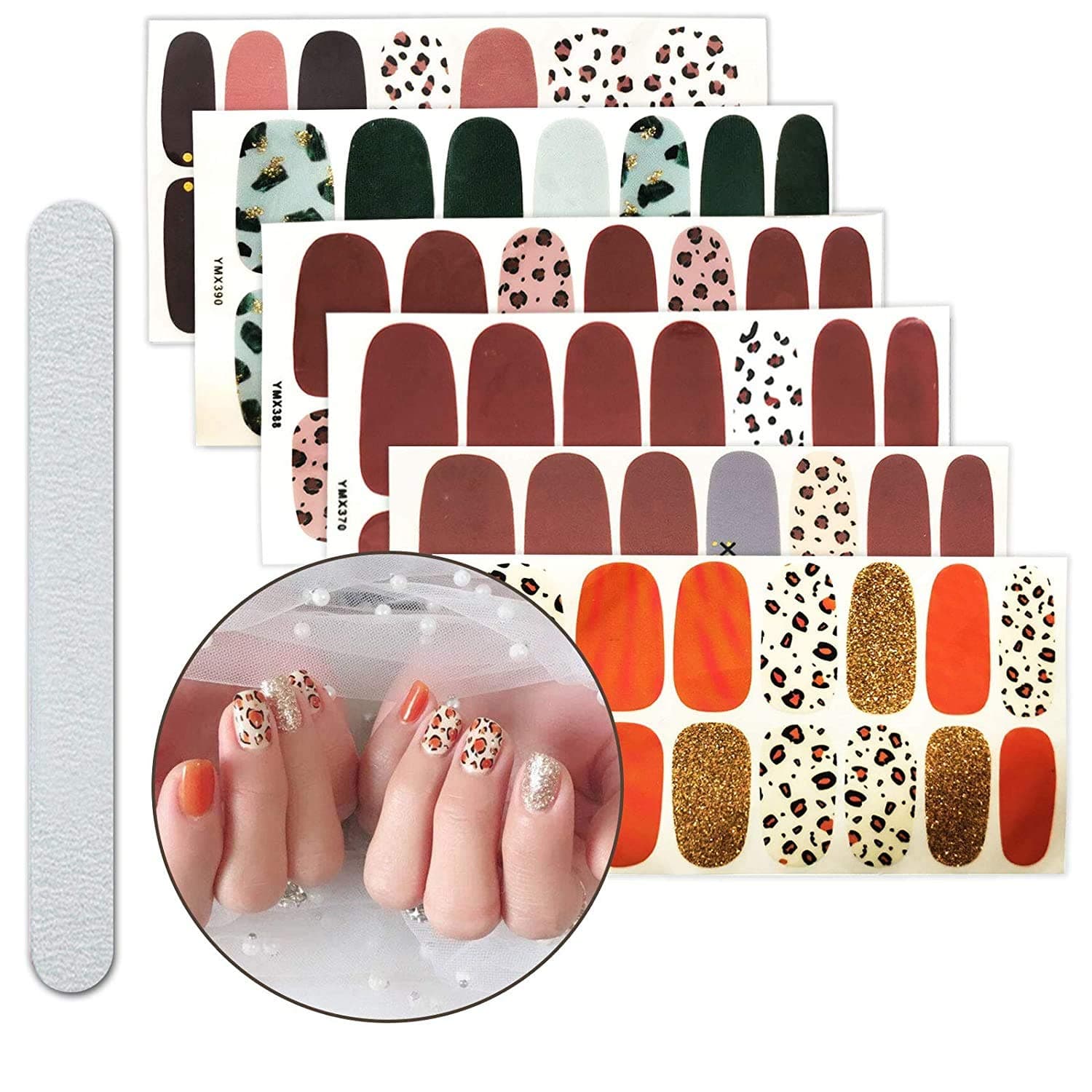 6 Sheets Full Nail Wraps Art Polish Stickers Decal Strips Adhesive False Nail Design Manicure Set with 1Pc Nail Buffers Files for Women Girls