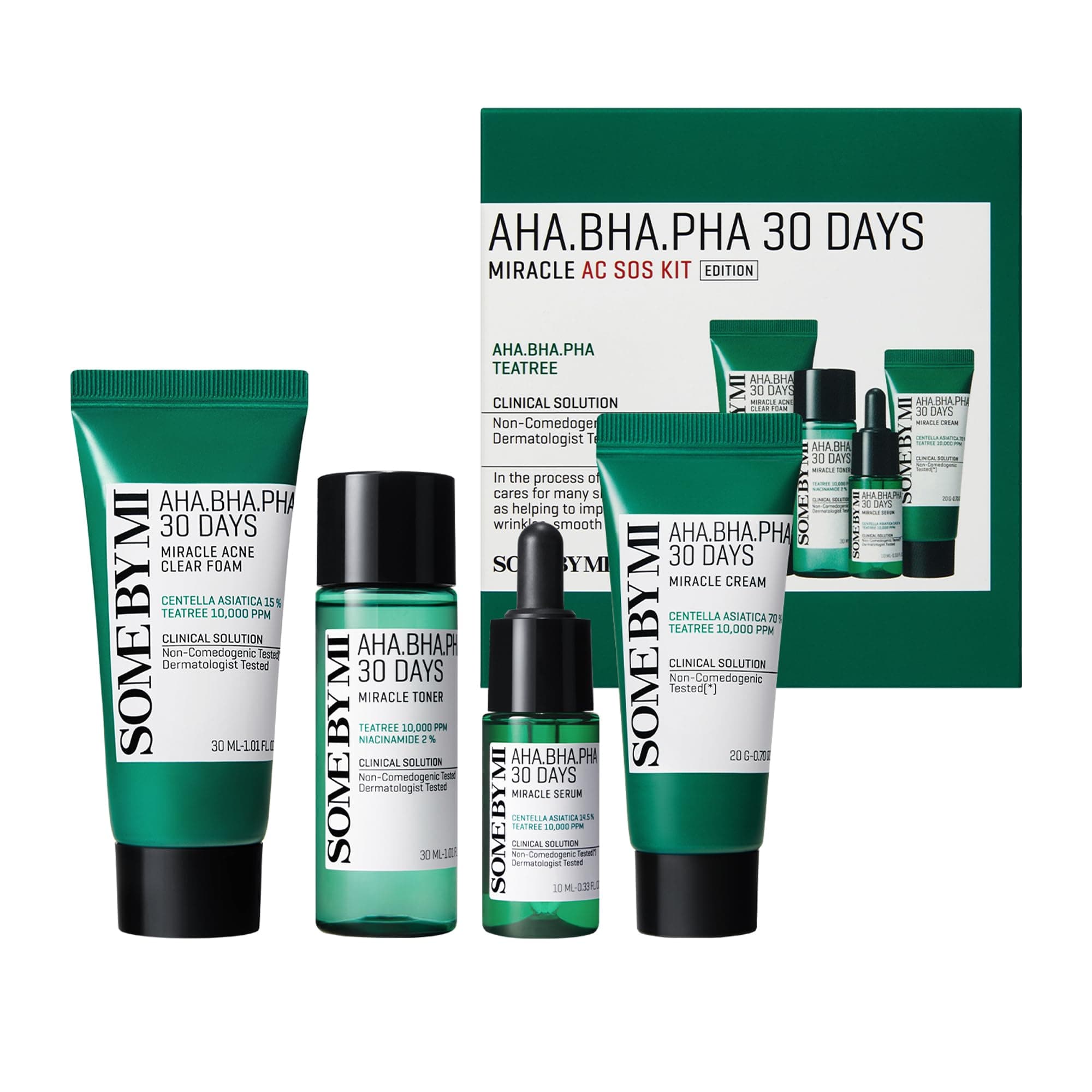 AHA BHA PHA 30Days Miracle AC SOS Kit | Includes Toner 1.01Oz + Serum 0.33Oz + Cream 0.7Oz + Foam 1.01Oz | Mild Exfoliating Daily Skin Care Set For Skin Wastes, Sebum, Oiliness Care
