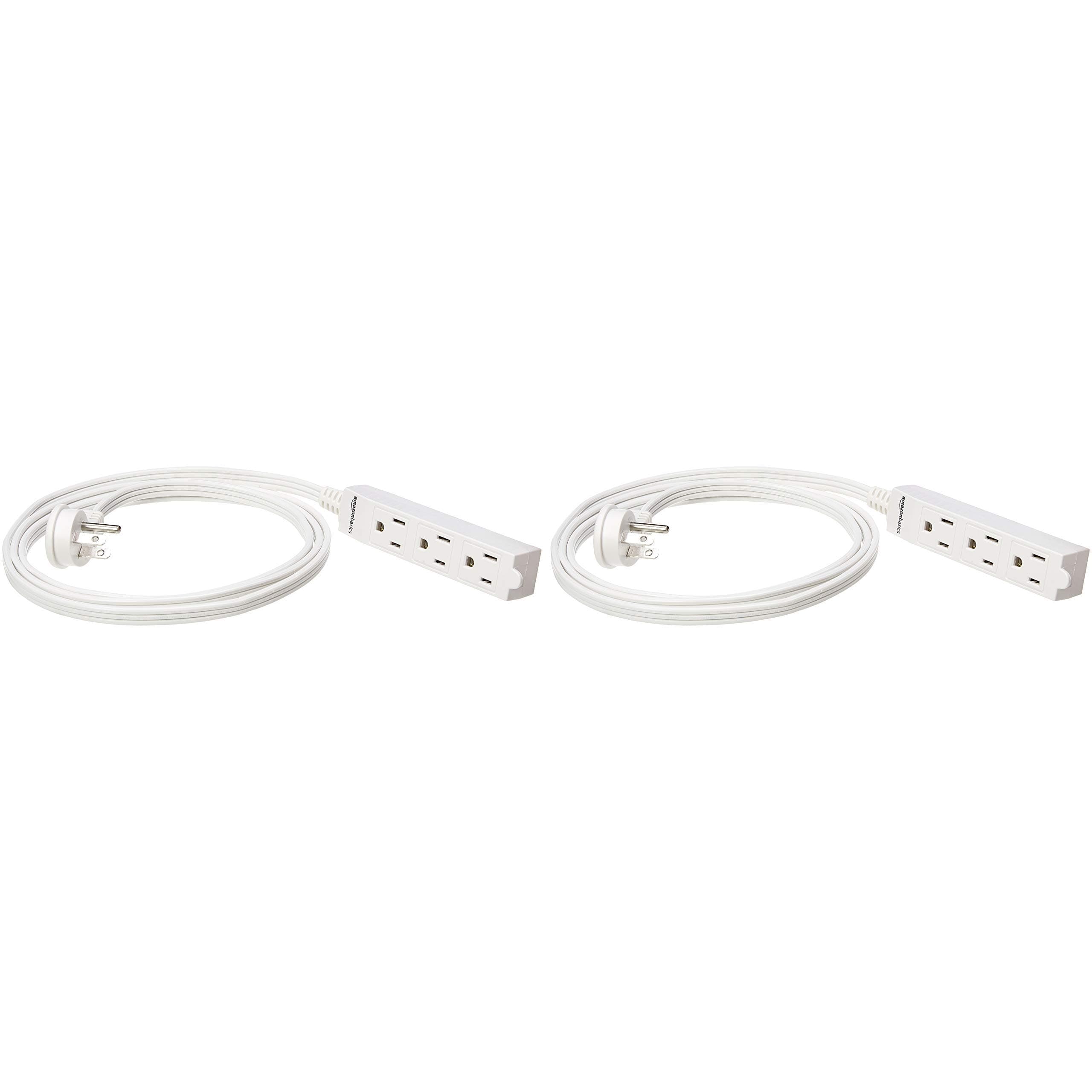 Amazon Basics 3-Prong Indoor Rectangle Extension Cord Power Strip, Flat Plug, Space-Saving, Grounded, 13 Amps, 1625 Watts, 125 VAC, 6 ft, White, 2-Pack