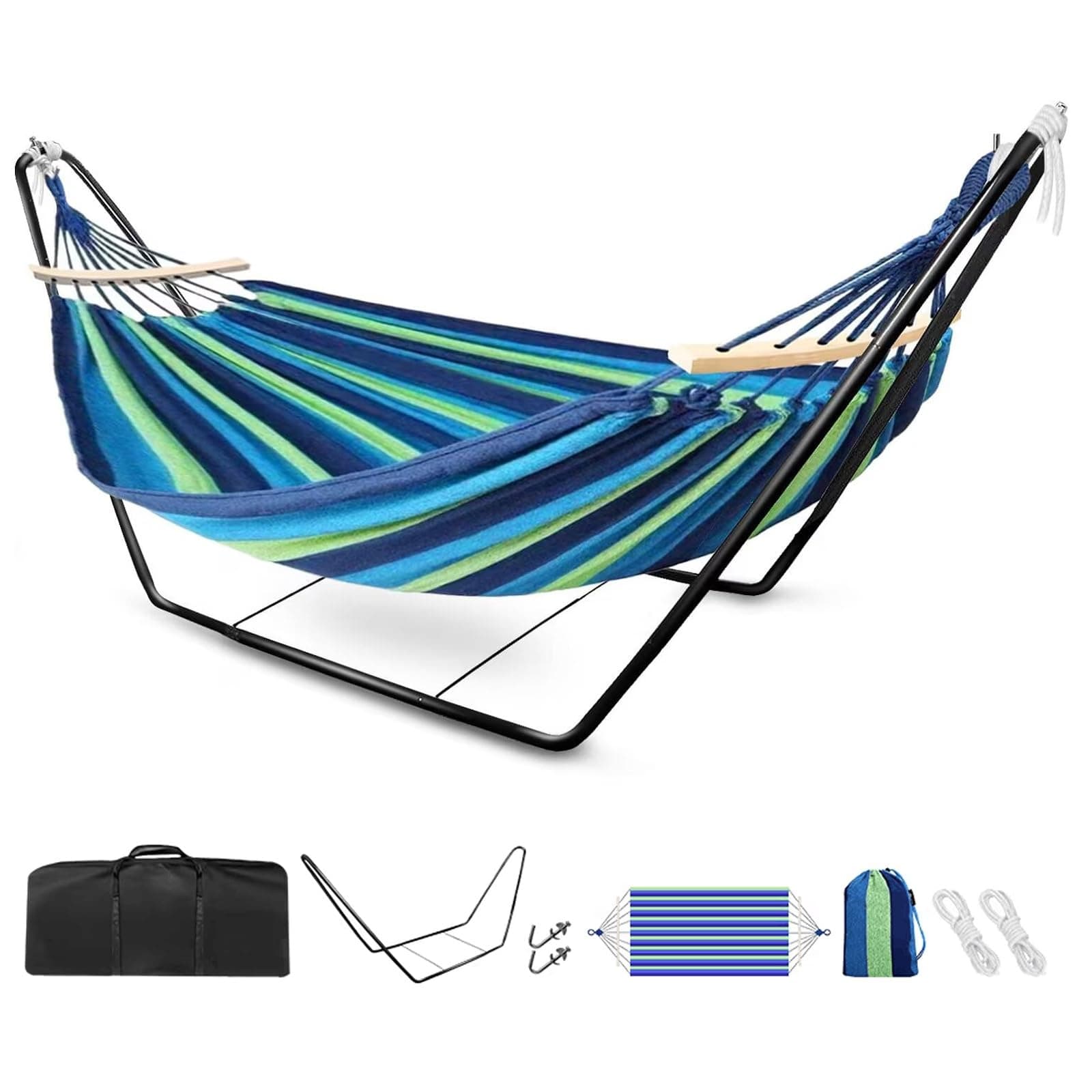 Hammock with Stand, Double Cotton Hammock with Adjustable Steel Frame & Spreader Bar for Garden/Backyard/Travel, Includes Carry Bag, 2 Hooks & Ropes, Easy Assembly - Blue
