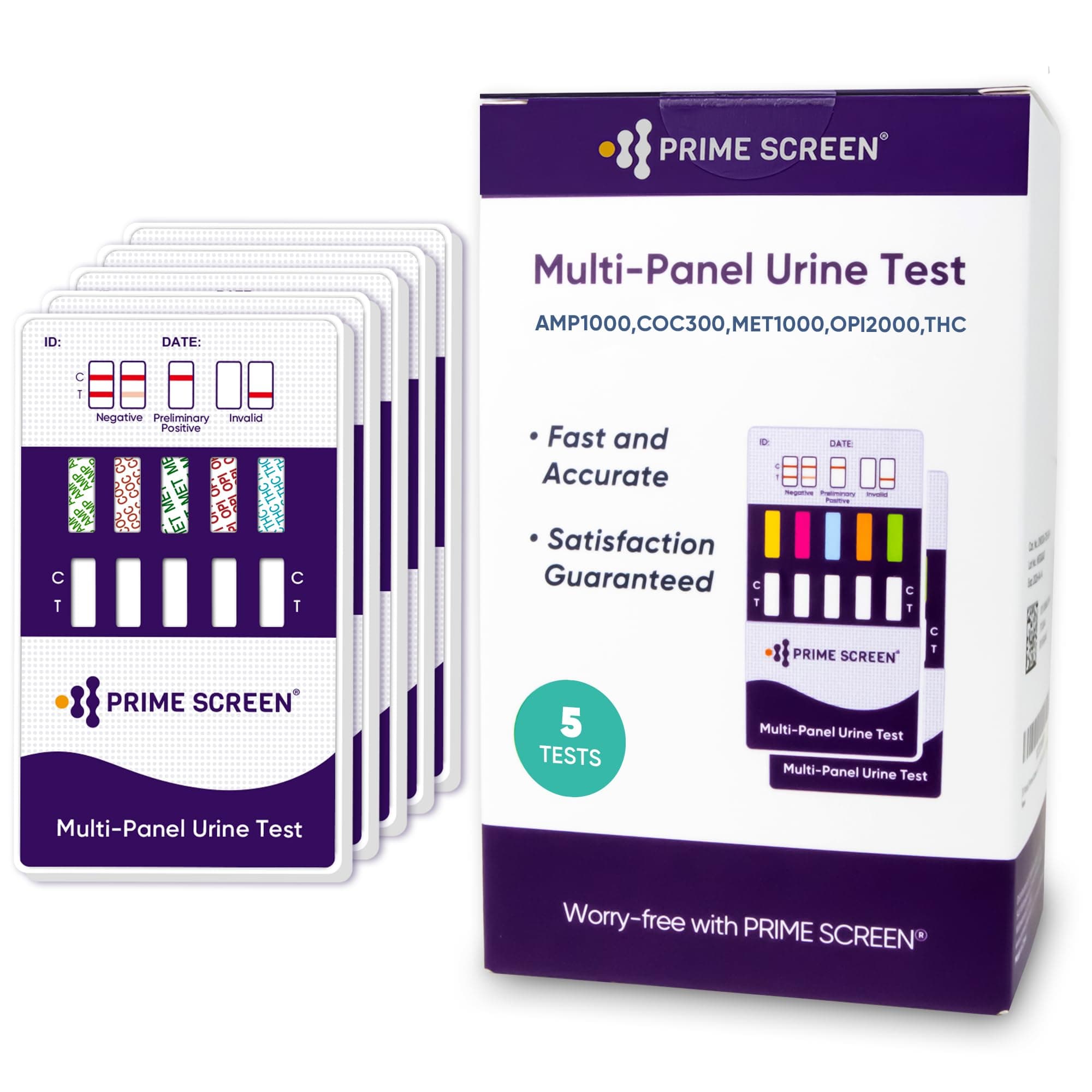 Prime Screen [5 Pack] 5 Panel Urine Drug Test Kit - Testing Instantly for 5 Different Drugs AMP, COC, MET (Meth), OPI, THC (Marijuana) - WDOA-254