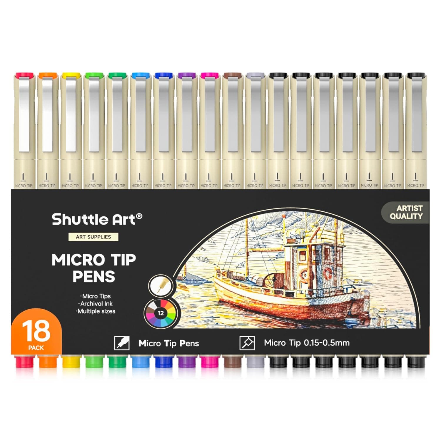 Shuttle Art 18-Pack Micro-line Pens - 11 Waterproof Archival Ink Colors in 0.3MM Felt Tip & 7 Blacks in 0.15-0.5MM For Journaling, Illustrating & Drawing