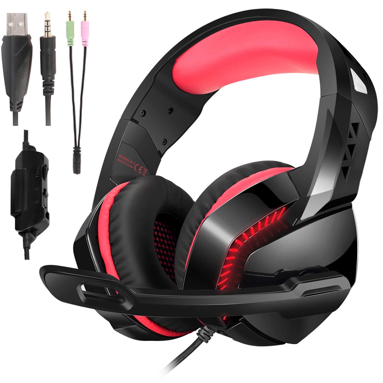 Phoinkas Gaming Headset with Mic and 3.5mm Plug for Xbox One,PS4,Nintendo Switch,Stereo Gaming Headphone with LED Light,Volume Control for PC,Smartphone,with 218mm Cable,Noise Reduction Red