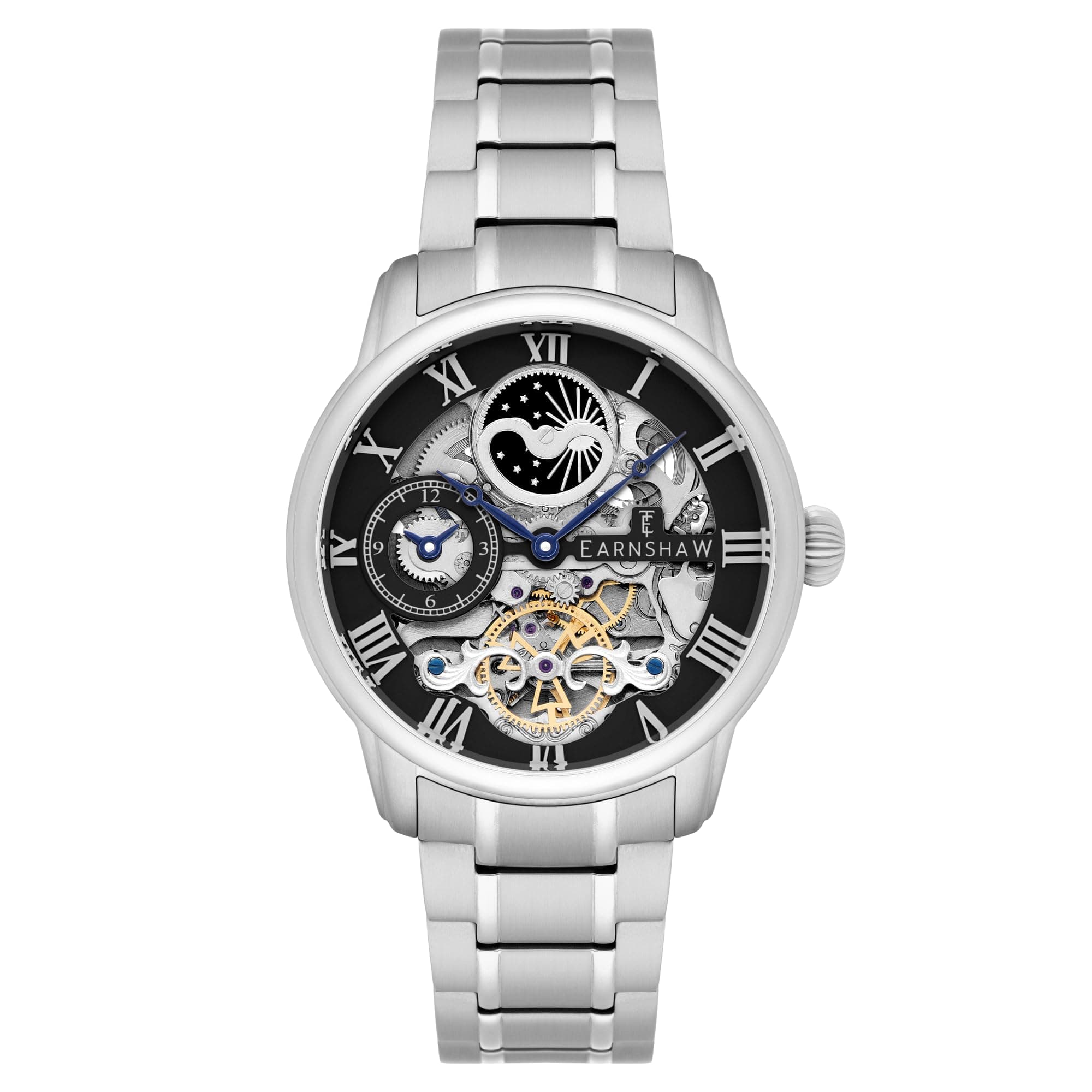 Mens 44mm Longitude Dual Time Automatic Skeleton Watch with 12 Hour Dual Time, Sun & Moon Display and Decorated Rotor