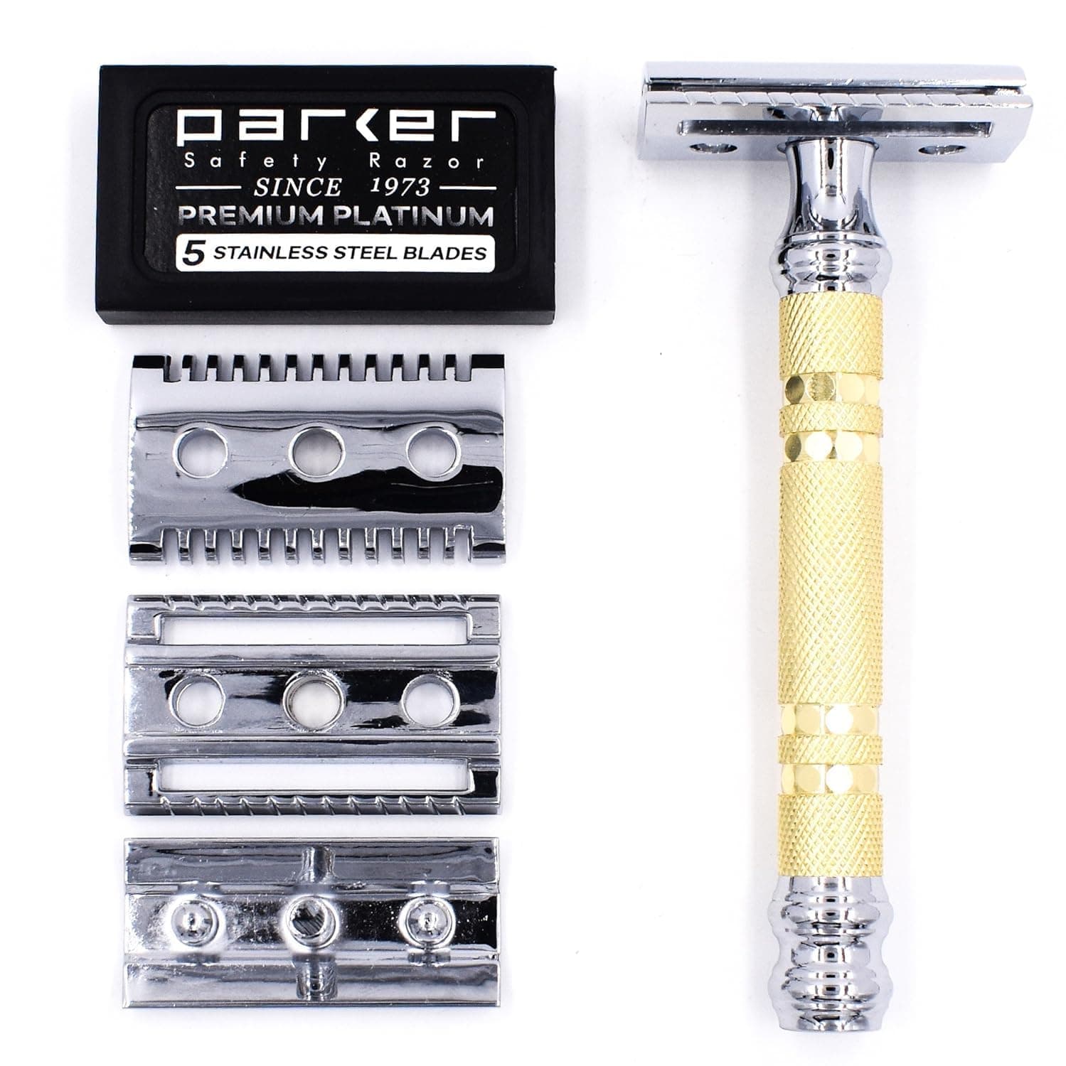 Parker, "The Convertible", Double Edge Safety Razor – Interchangeable Open & Closed Comb Plates, Solid Brass/Chrome 93 g Handle, Customizable Shave from Mild to Aggressive