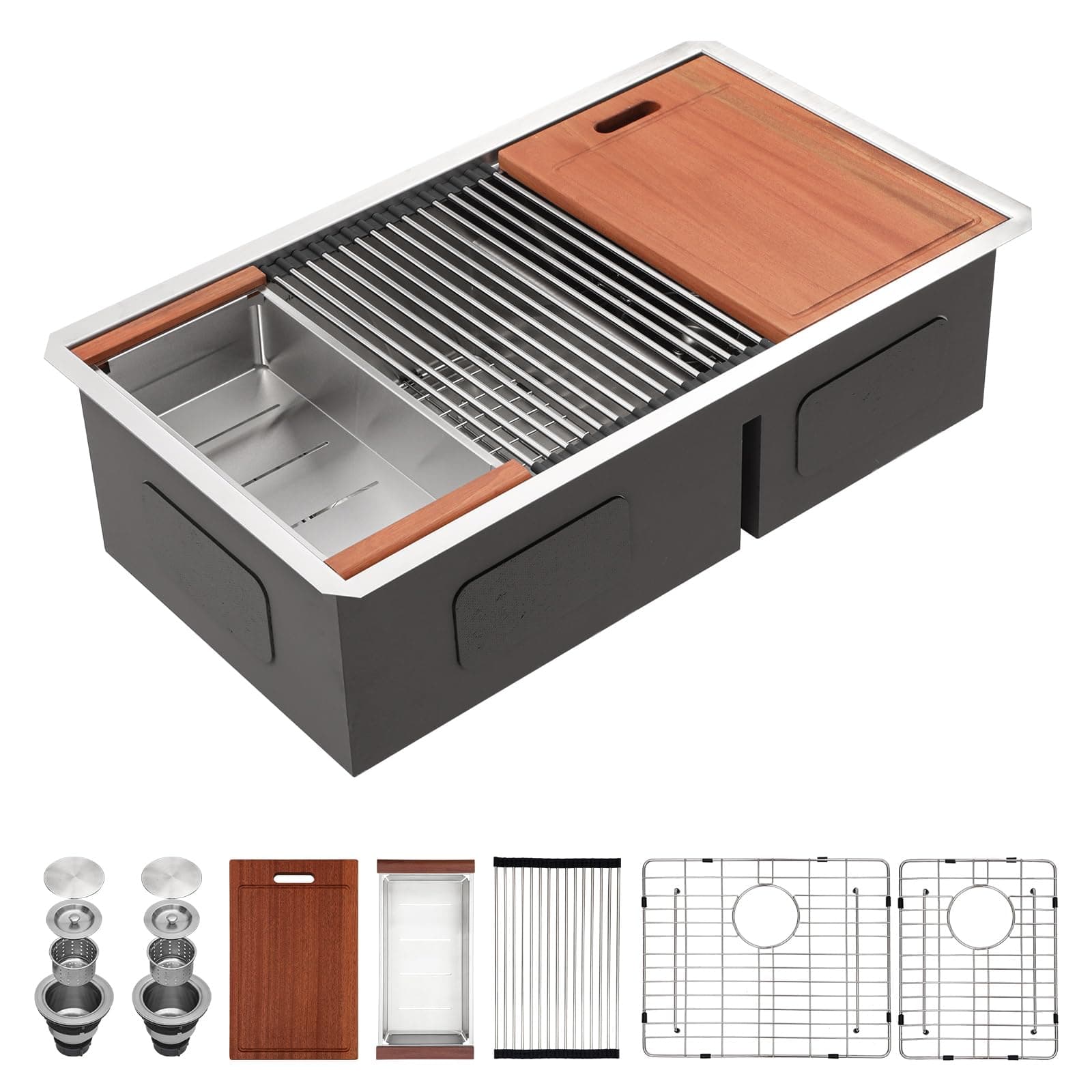 36 Undermount Kitchen Sink Double Bowl- Sarlai 36 x 19 Inch Kitchen Sink Ledge Workstation Stainless Steel 16 Gauge Double Basin 60/40 Low Divide Under Counter Kitchen Sinks Basin