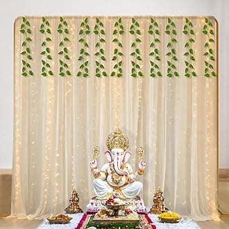Party Propz White Net Backdrop Decoration with Fairy Light 9m and Artificial Leaves, Diwali Decoration for Home Decor, Navratri Decoration Items, Haldi Decor, Backdrop Cloth for Decoration Pooja