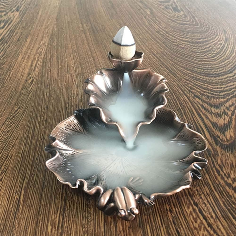 Guwheat Incense Burner, Creative Backflow Waterfall Alloy Incense Holder for Cone Home Decor Aromatherapy Ornament (Lotus Leaf)