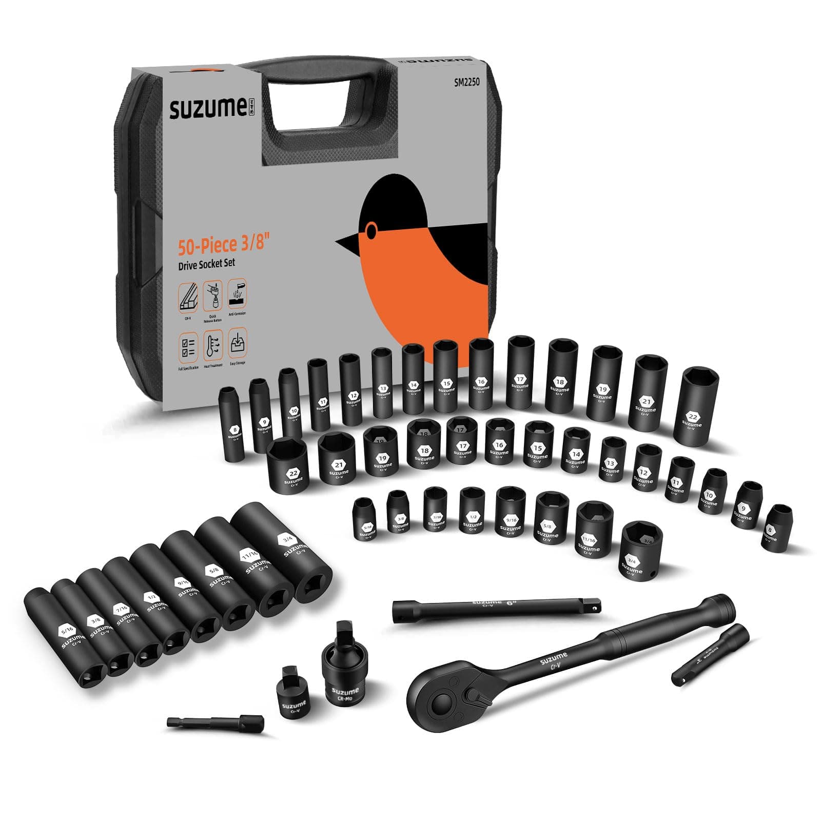 SUZUME 3/8 Impact Socket Set, Cr-V Steel, 6 Point, 3/8" Drive, 50-Piece Standard Metric (8-22mm) and SAE (5/16-Inch to 3/4-Inch) Sockets with Adapters & Ratchet Handle, Extension Bars, Universal Joint