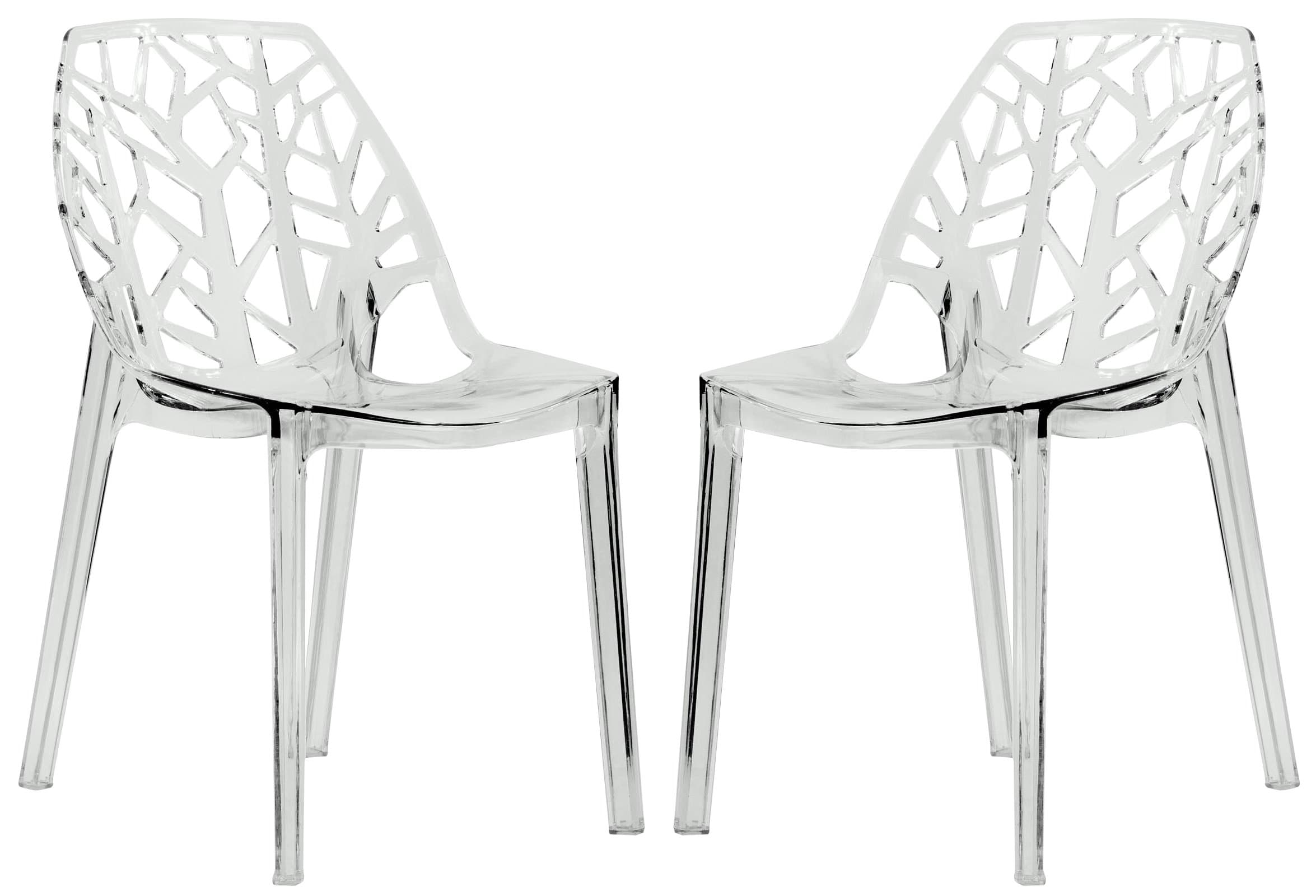 LeisureMod Cornelia Stackable Dining Chair in Clear Set of 2 - Modern Spring Cut-Out Tree Design Acrylic Armless Accent Side Chair for Kitchen, Living Room, and Dining Area