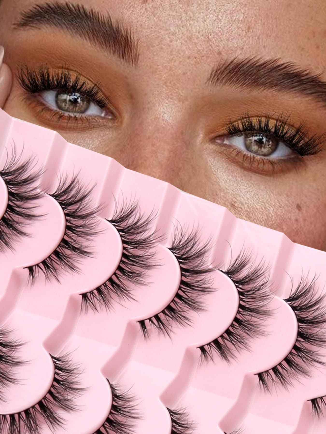 Lashes Wispy Natural Cat Eye Lash 15mm False Eyelashes Wispy EyeLashes 3D Volume Strip Eyelashes Thin Cotton Band C Curl Soft Lashes Pack 7 Pairs Siligli