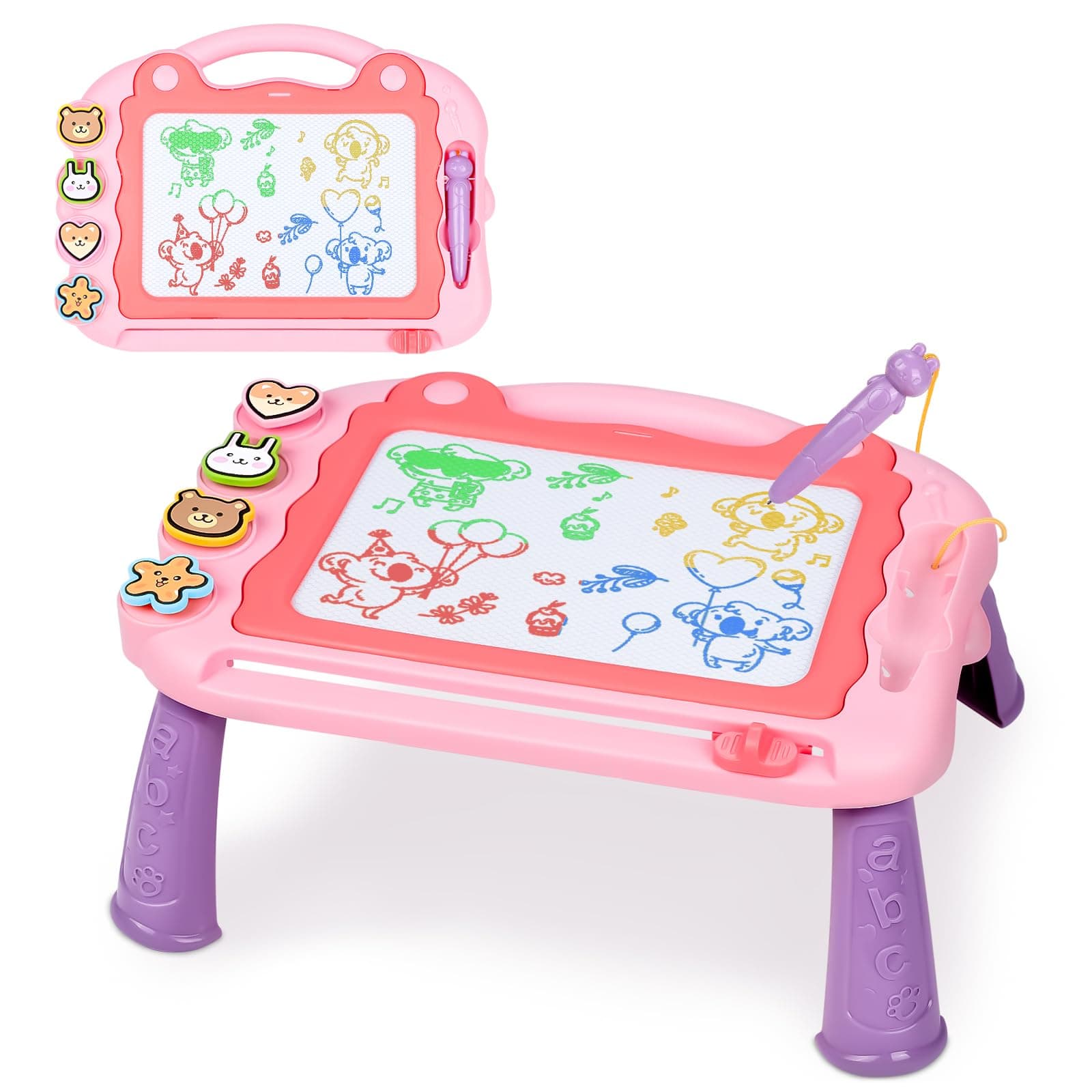 Magnetic Drawing Board, 30×23cm 4 Colors Doodle Scribble Board Erasable Sketch Writing Pad with 4 Stamps & Removable Legs Educational Toy for 2 3 4 5 6 Year Old Boys Girls Kids Toddlers, Pink