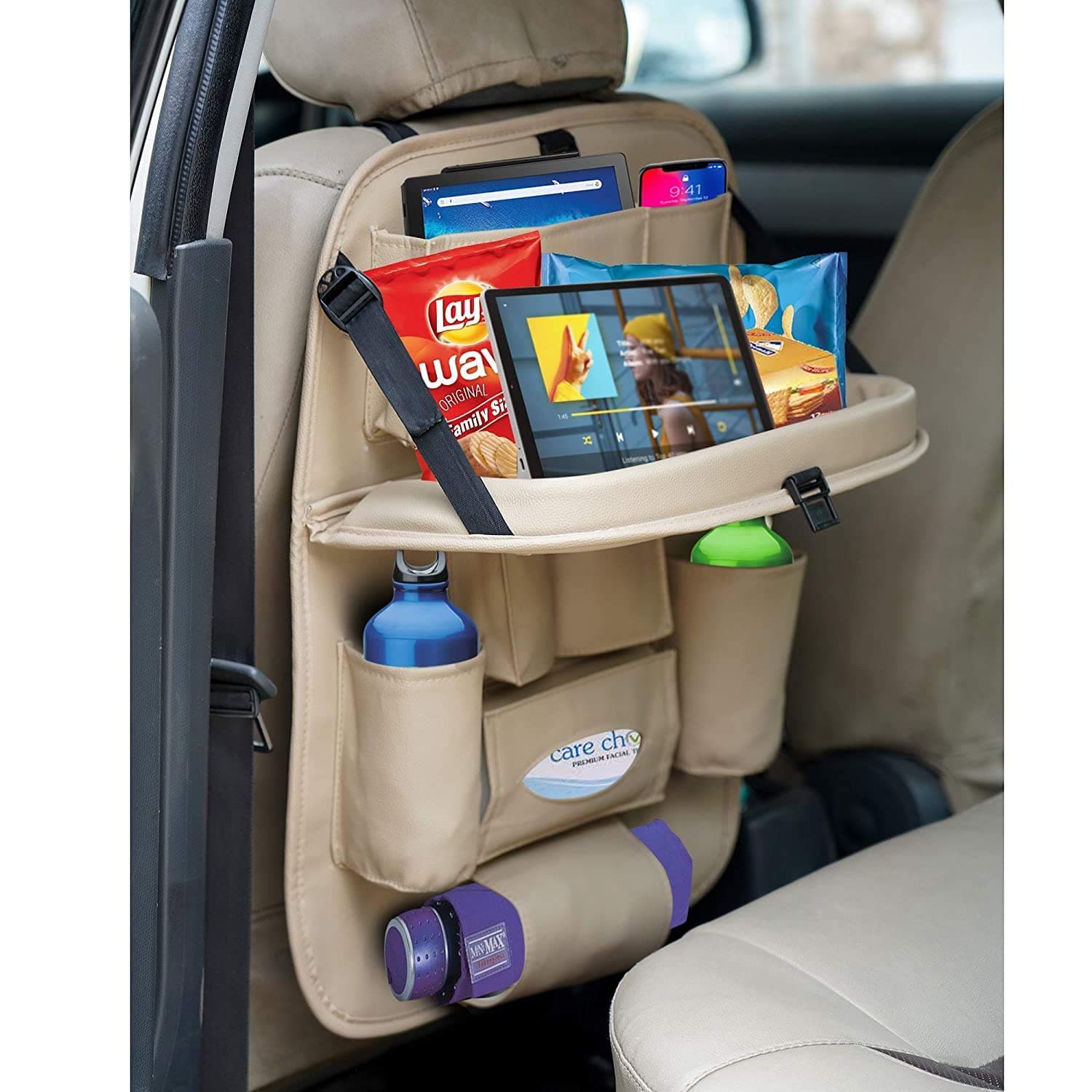 S.K.Y,Leather Car Backseat Organizer with Foldable Dining Table Tray Waterproof Back Seat Storage Pockets with Tablet, Mobile, Bottle, Tissue Box and Umbrella Holder (Beige)