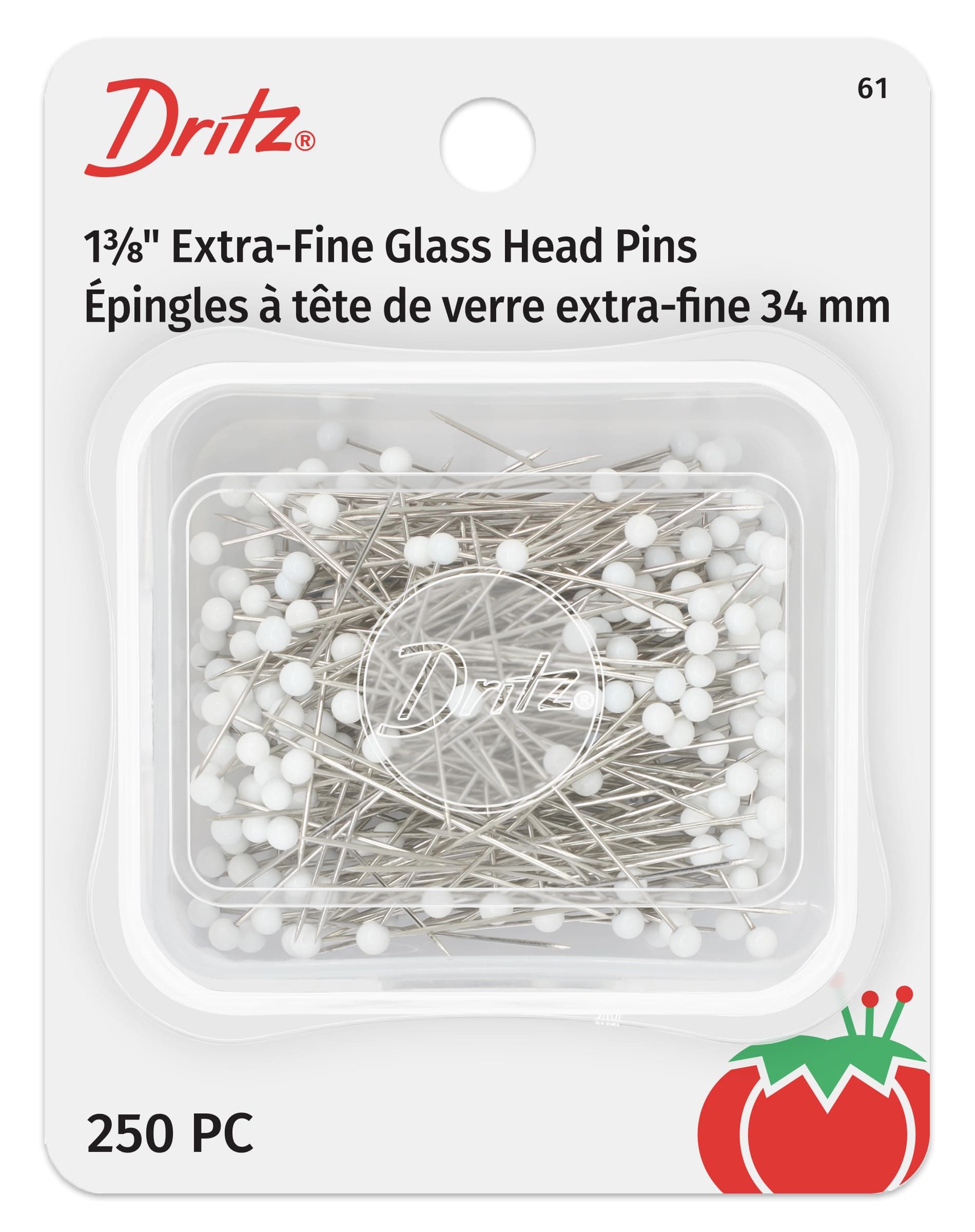 Dritz 61 Glass Head Pins, Extra Fine, 1-3/8-Inch (250-Count), White