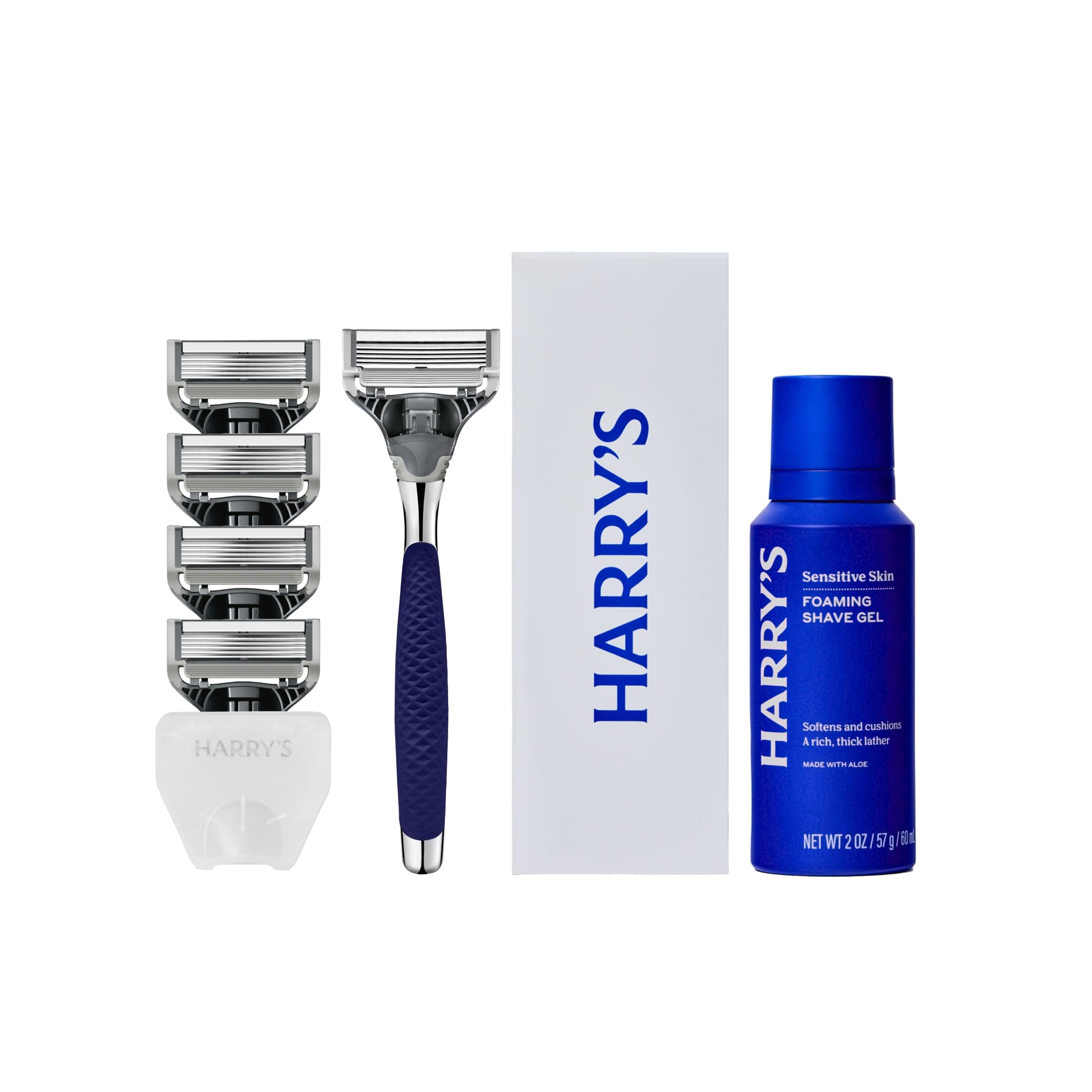 Harry's Original Shaving Kit for Men - Razor Handle, 5 Razor Blade Refills, Foaming Shave Gel, Travel Blade Cover - TSA Approved Travel Essentials - German Engineered - Chrome Edition