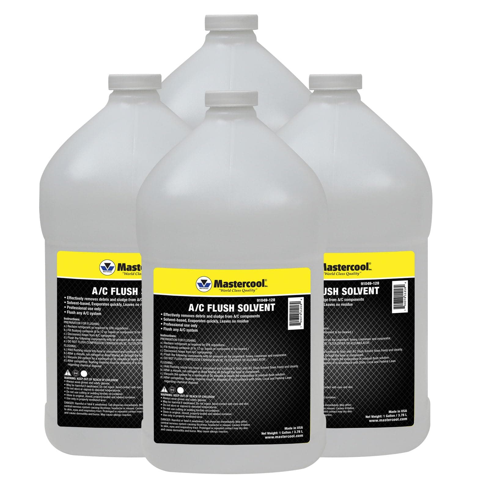 Mastercool 91049-128-4 A/C Flush Solvent, 4-Pack 1 Gallon — Professional Automotive & HVAC/R System Flush — Solvent-Based, Fast-Evaporating, Leaves No Residue, Non-Flammable, Made in USA