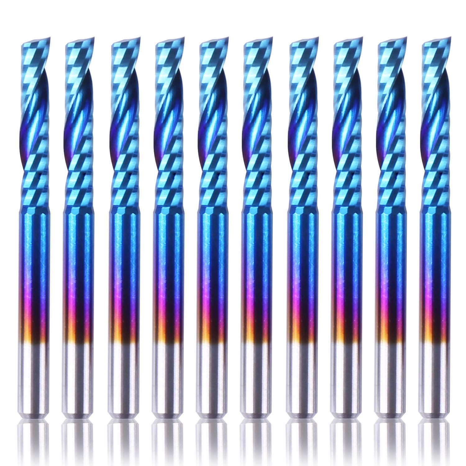 SainSmart Genmitsu 10Pcs Nano Blue Coat Flat Nose End Mill CNC Router Bits, 1/8" Shank Spiral Upcut Single 1 Flute End Mill Set (3.175 x 17 x 38mm)