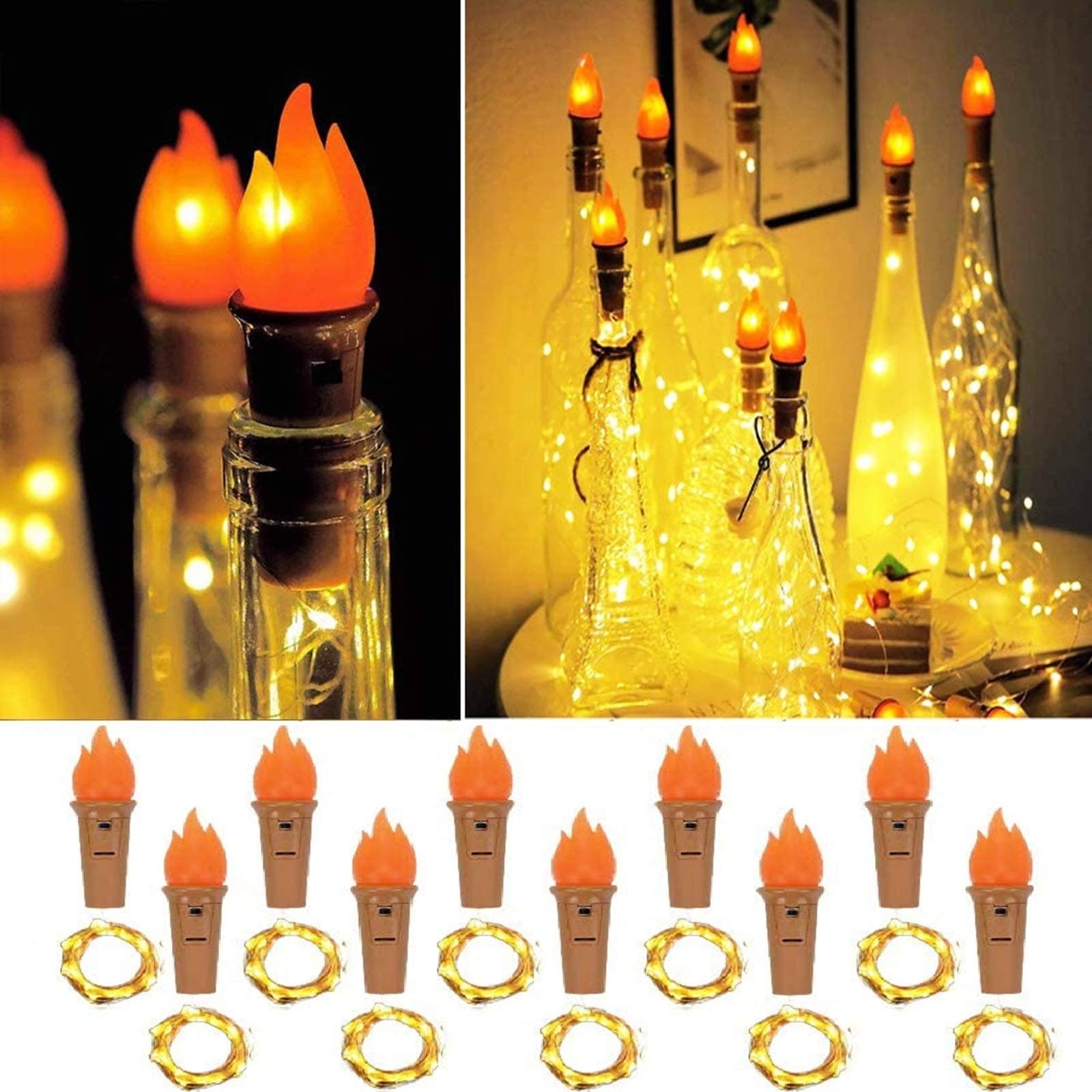 Bottle Lights with Cork, 10 Pack 20 LED Torch Bottle Light Battery Operated Fairy Lights Cork Silver Wire Lamp Flame Wine String Light for DIY Party Birth Xmas Halloween Wedding Table Décor(Warm)