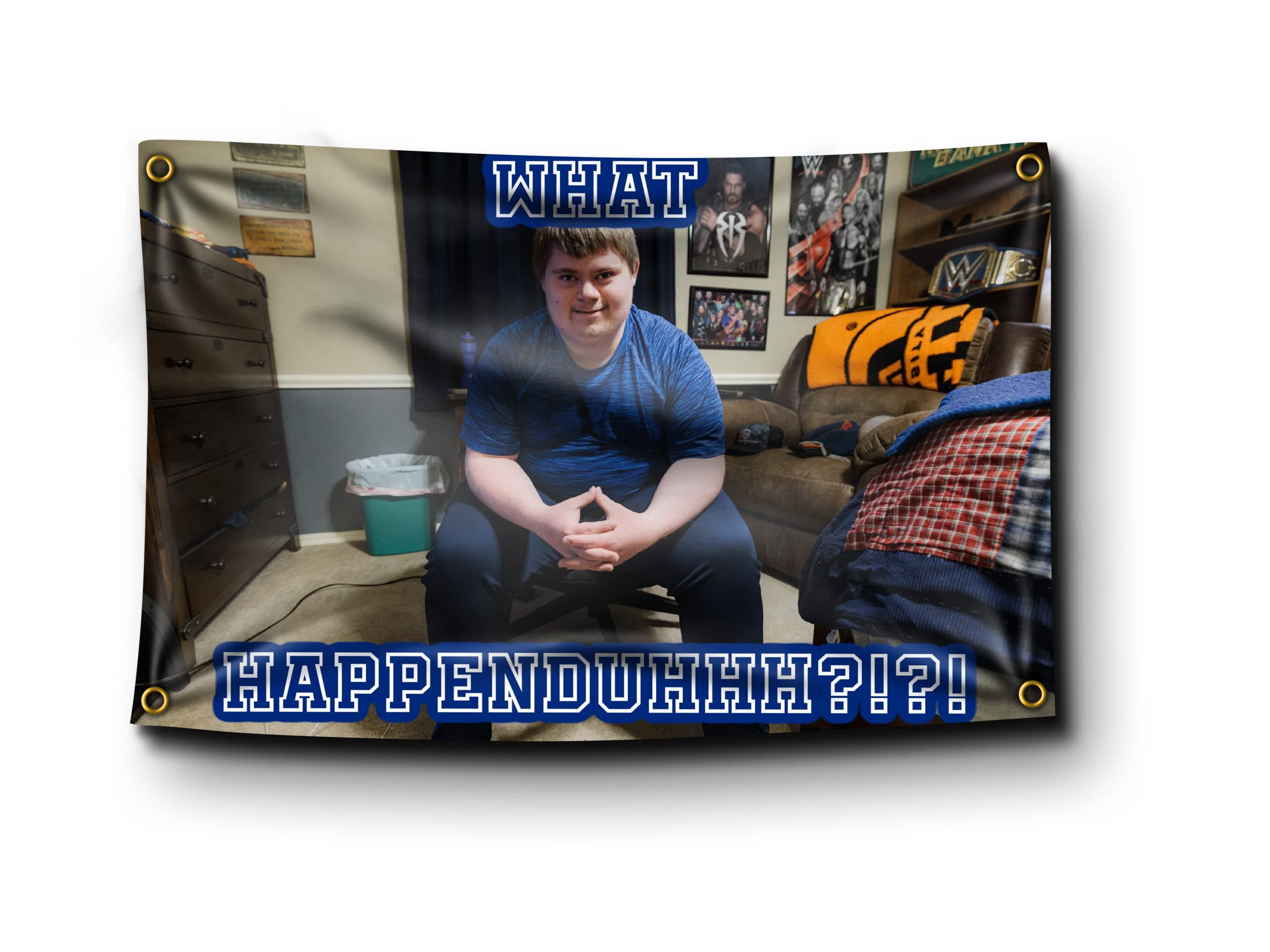 Banger - James Droz WHAT HAPPENEDUHHH?!?! Office Gym Dorm Wall Decor Design on a 3X5 Feet Flag with 4 Grommets for Easy Hanging. Authentic BANGER FLAG TikTok What Happened Sports Banner