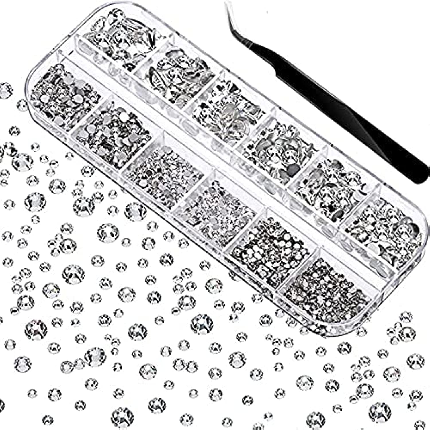 YAWESH 3000PCS Flat Back Rhinestones, Round Gems Mixed Sizes, No HotFix Very Sparkly Nail Crystal for Nail - Art, 6 Sizes with Pick Up Tweezer, for Face Clothes Crafts Shoes Bags, Clear Rhinestone