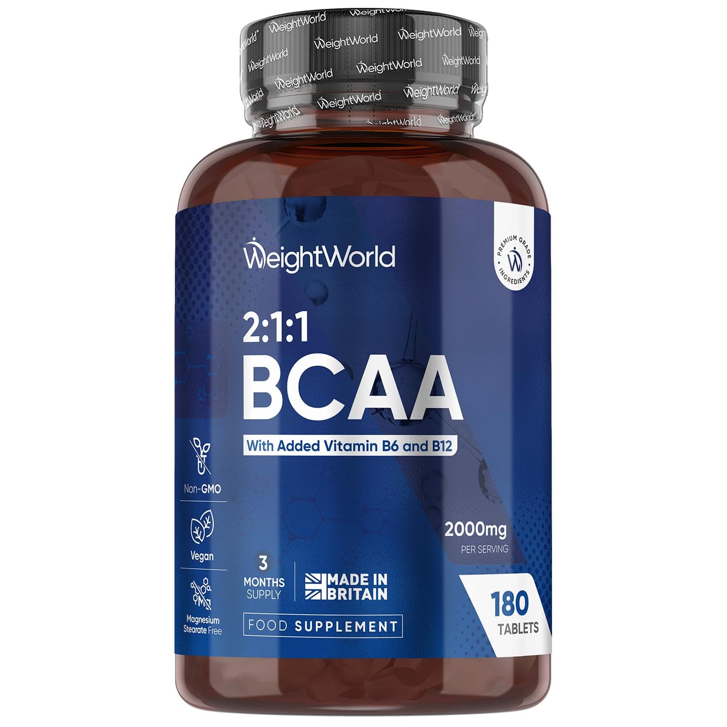 BCAA Tablets 2000mg - 180 Tablets - Key Amino Acids (L-Leucine, L-Valine & L-Isoleucine) - with Vitamin B6 & B12-3 Months Supply - Vegan BCAA Supplement for Men & Women - Vegan & Non-GMO