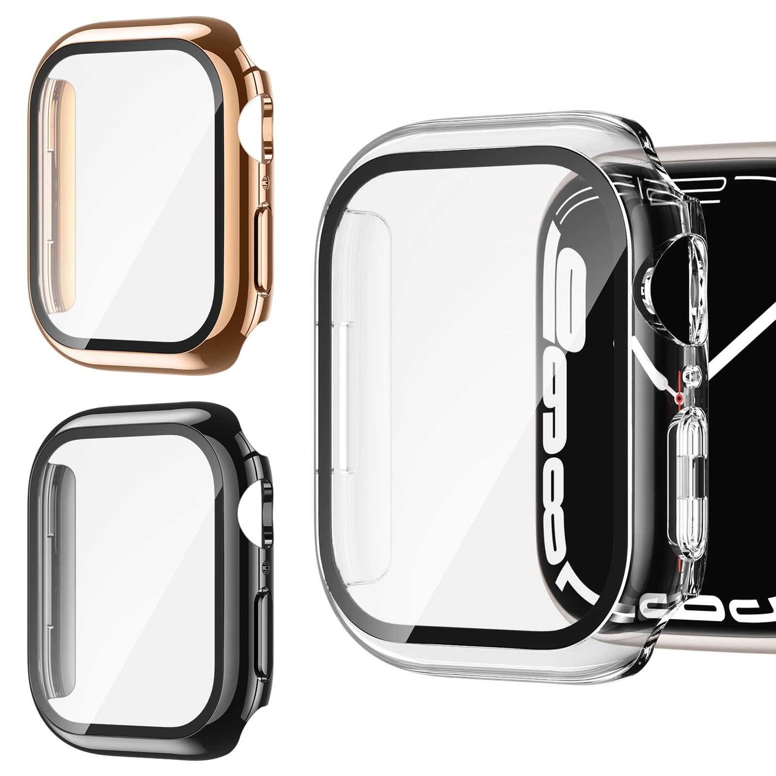 iGK 3 Pack Hard Apple Watch Case 41mm Series 7 With Built-in Tempered Glass Screen Protector, Slim Guard Ultra-Thin Bumper Gorgeous Protective Cover Compatible for iWatch 7 41mm(Black/Clear/RoseGold)