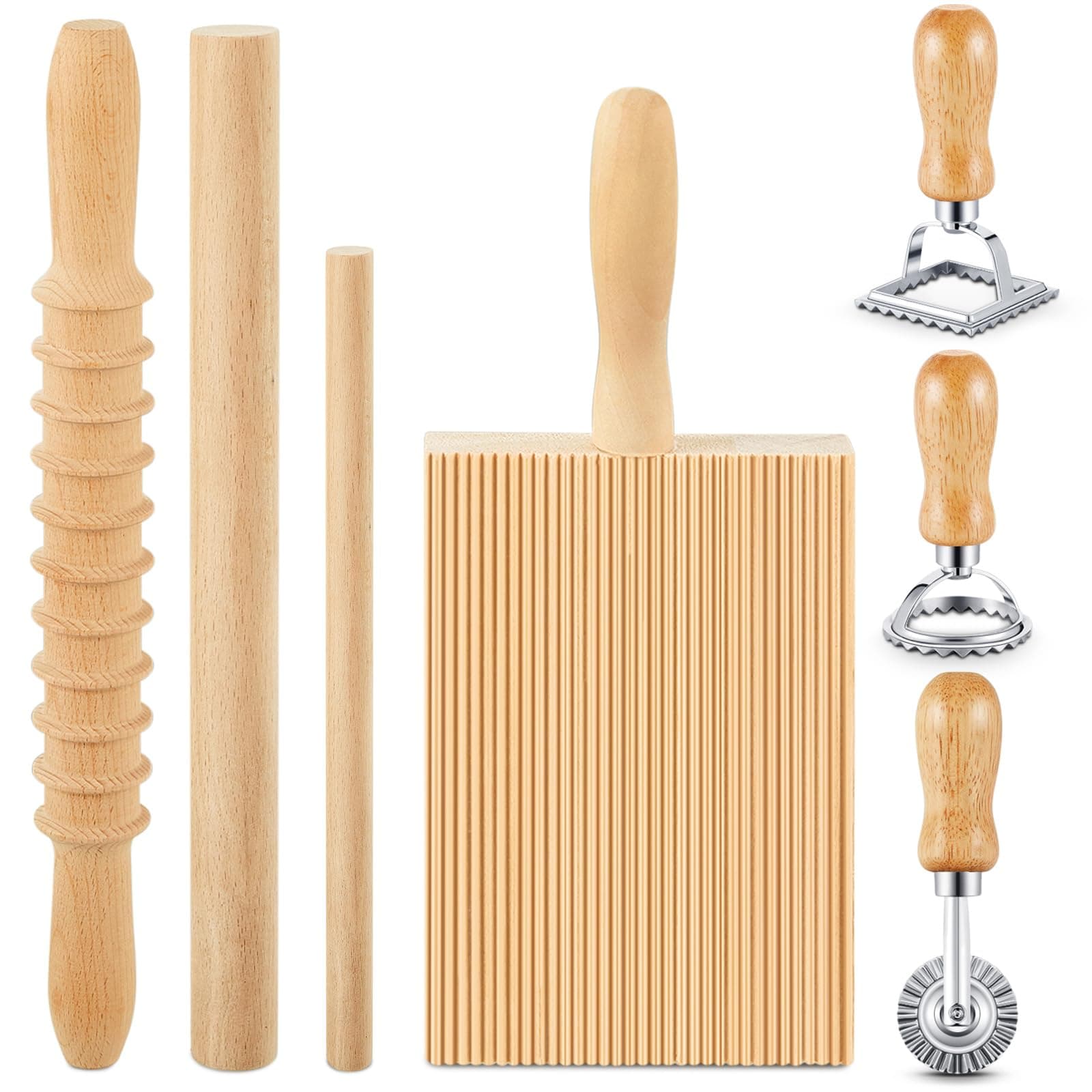 Tioncy 7 Pcs Pasta Making Tool Set Kitchen Gift for Mom, Wood Gnocchi Board with Ravioli Stamp Ravioli Maker Rolling Pin Gnocchi Garganelli Ltalian Pasta Tools for Beginners Mother's Day Home Cooks