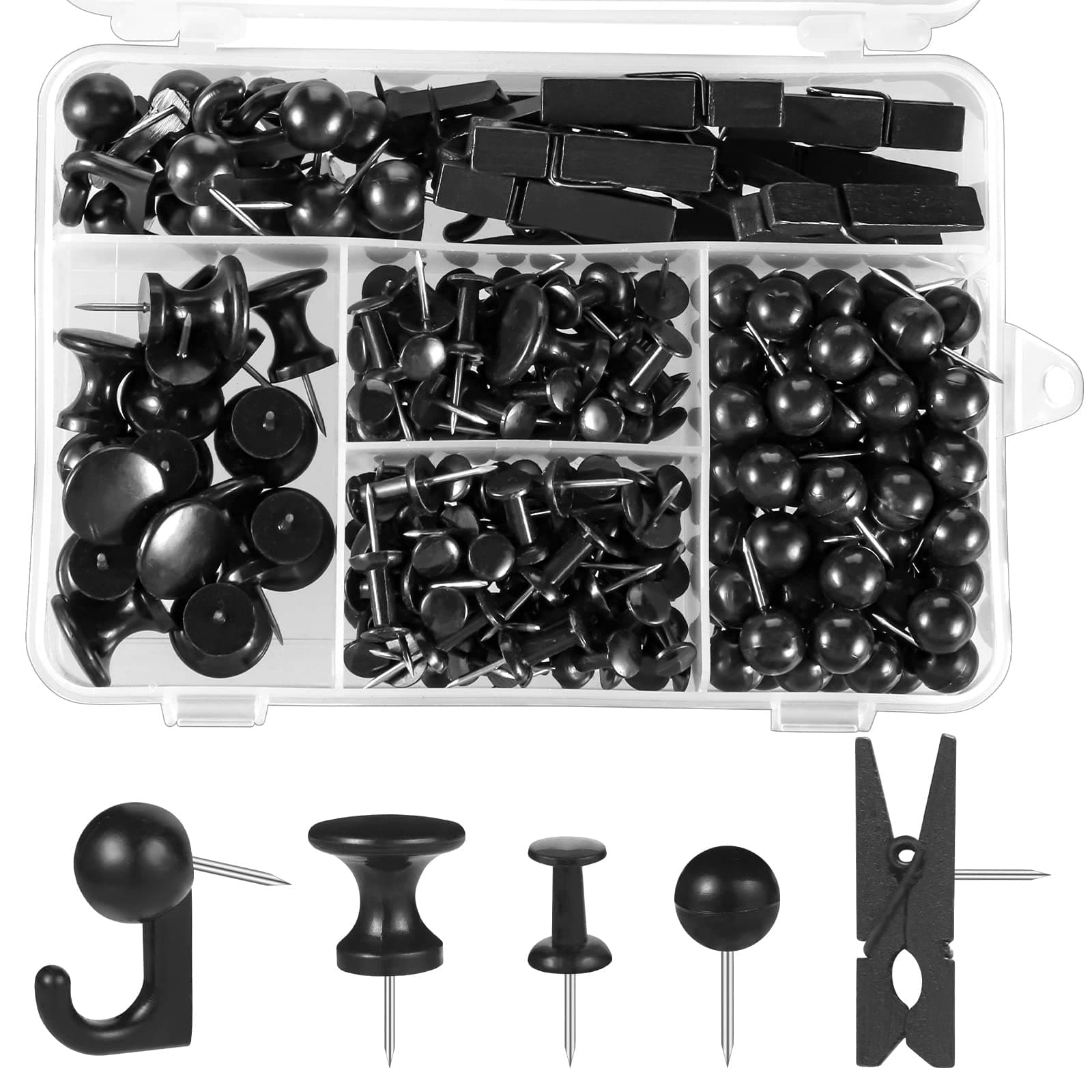 200 Pieces Push Pins Thumb Tacks Black Push Pins for Cork Board, 5 Style for Bulletin Boards Wall Maps Pictures Office Home Supplies