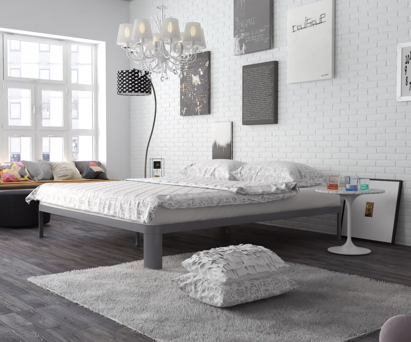 Modern Minimalist Low Profile Lunar Platform Bed with Metal Frame and Strong & Durable Slats - Queen, Grey